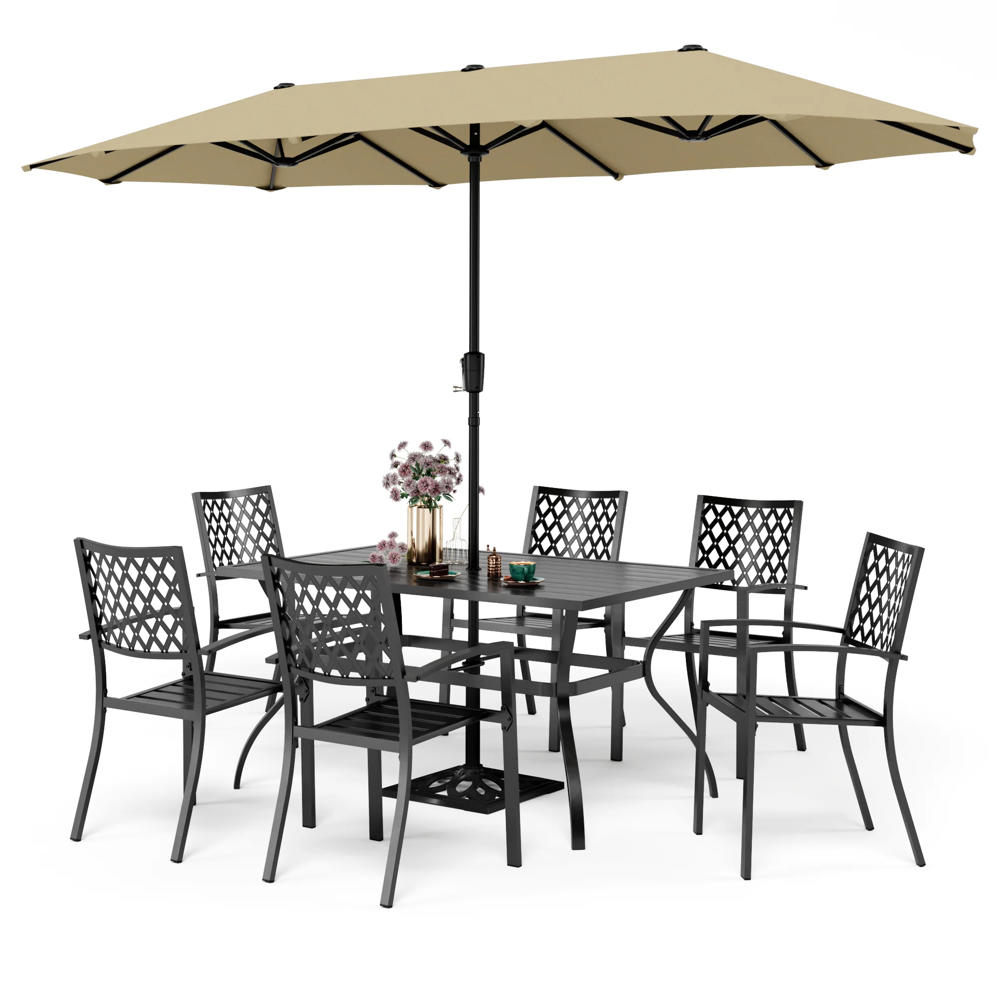 PHI VILLA 8-Piece Outdoor Dining Set with 13ft Umbrella Steel Rectangle Table & 6 Stackable Chairs