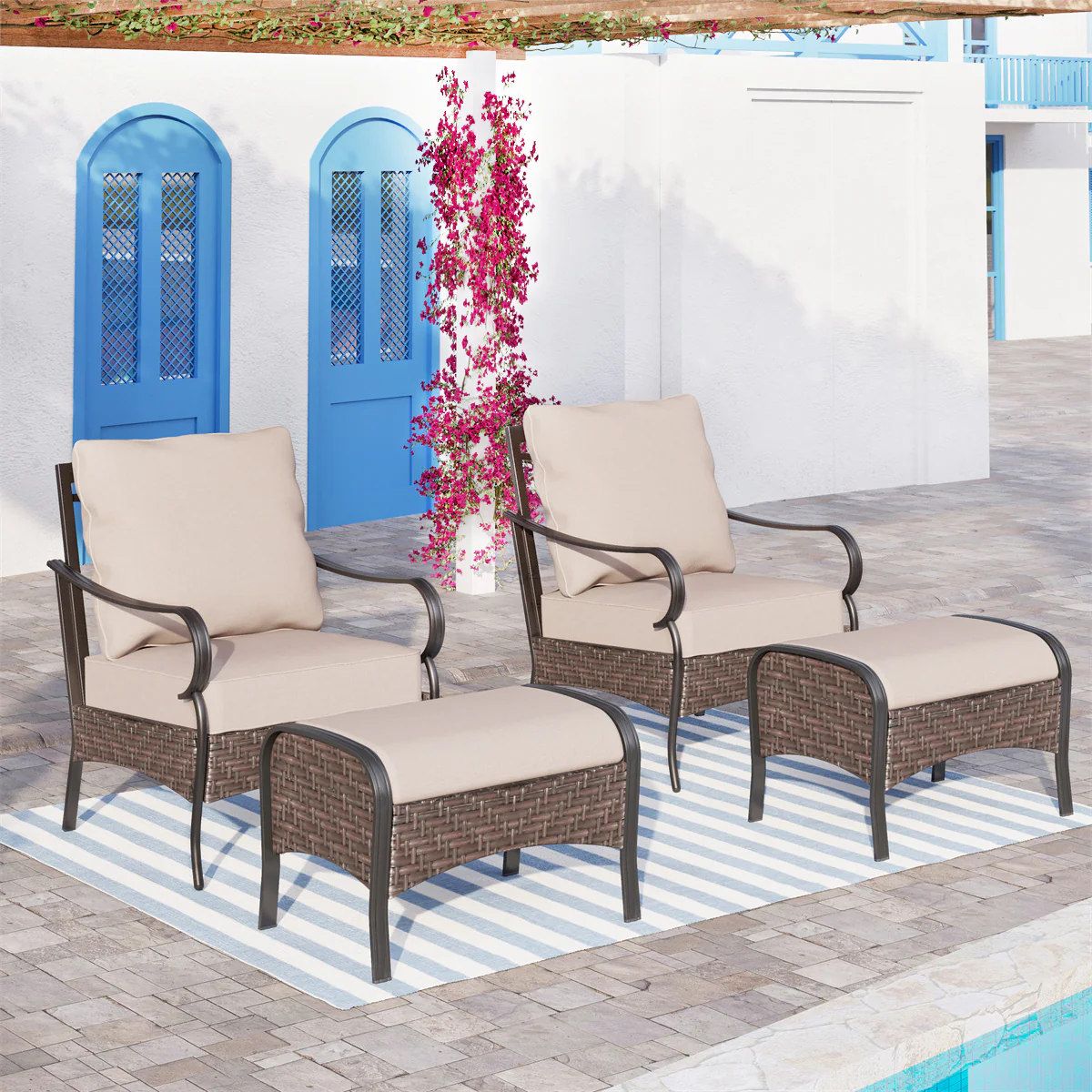 Phi Villa 2-Seater Rattan-steel Cushioned Outdoor Conversation Set with Ottomans
