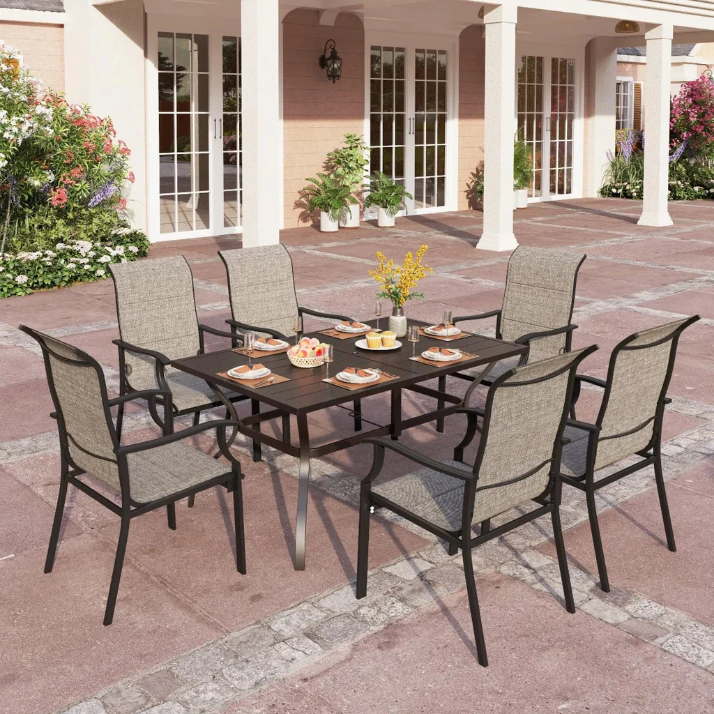 PHI VILLA 7-Piece Rectangle Steel Table & 6 Textilene Dining Chairs Outdoor Dining Set