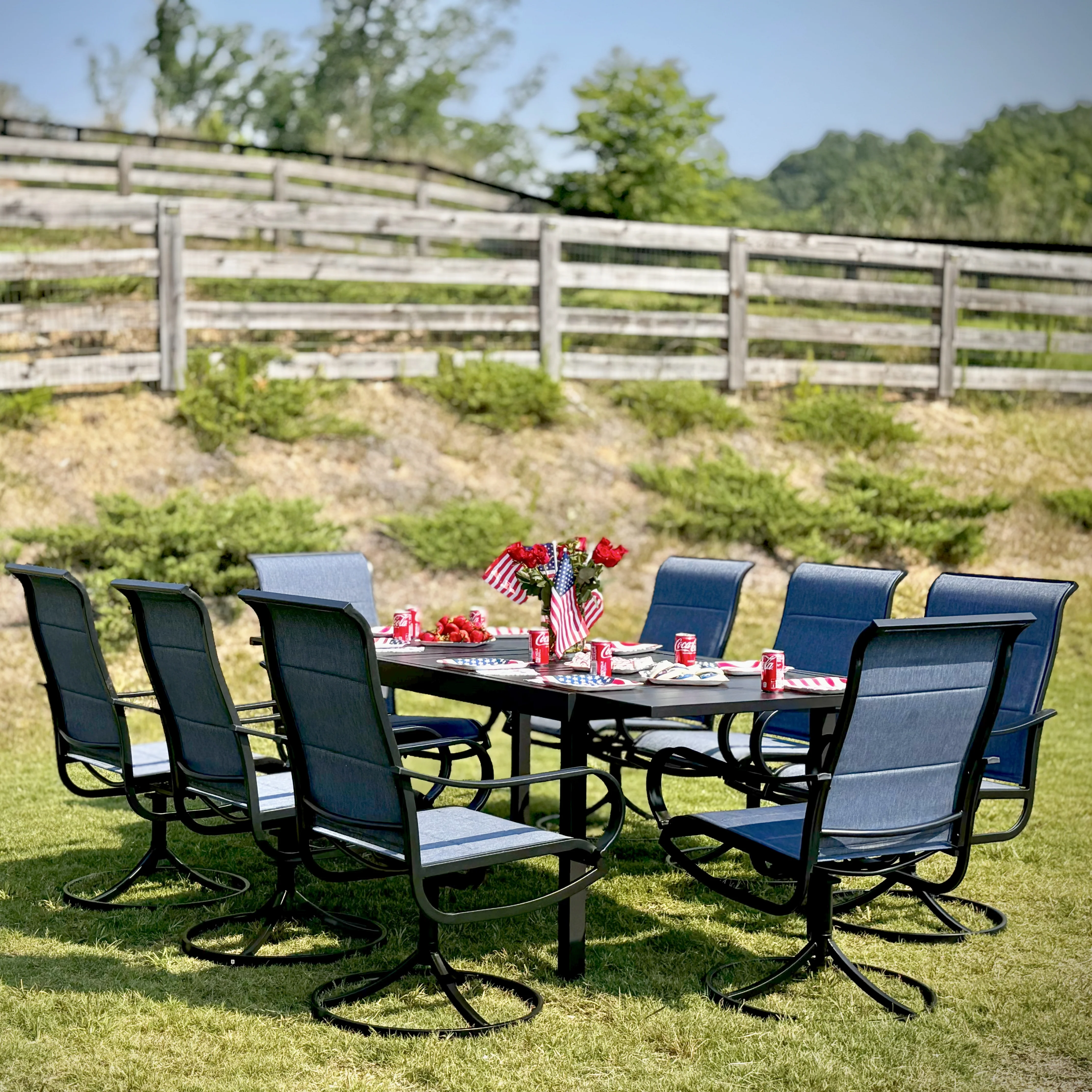 Sophia & William 9-Pcs Patio Dining Set with Expandable Table & Denim Blue Textilene Swivel Chair