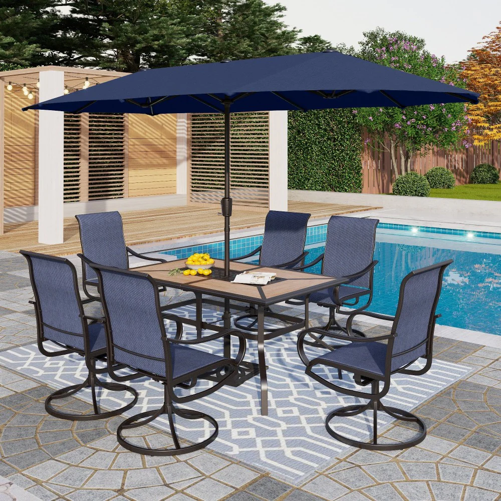 PHI VILLA 8-Piece 13ft Umbrella Patio Dining Set with Textilene Swivel Chair and Wood-like Table
