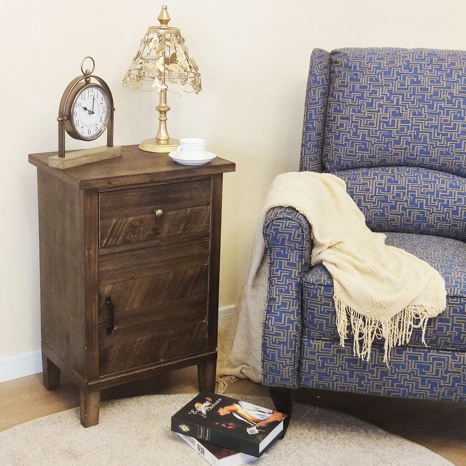 Sophia & William Retro Side Table Storage with 1 Drawer & 1 Door, MDF + Solid Wood Veneer End Table