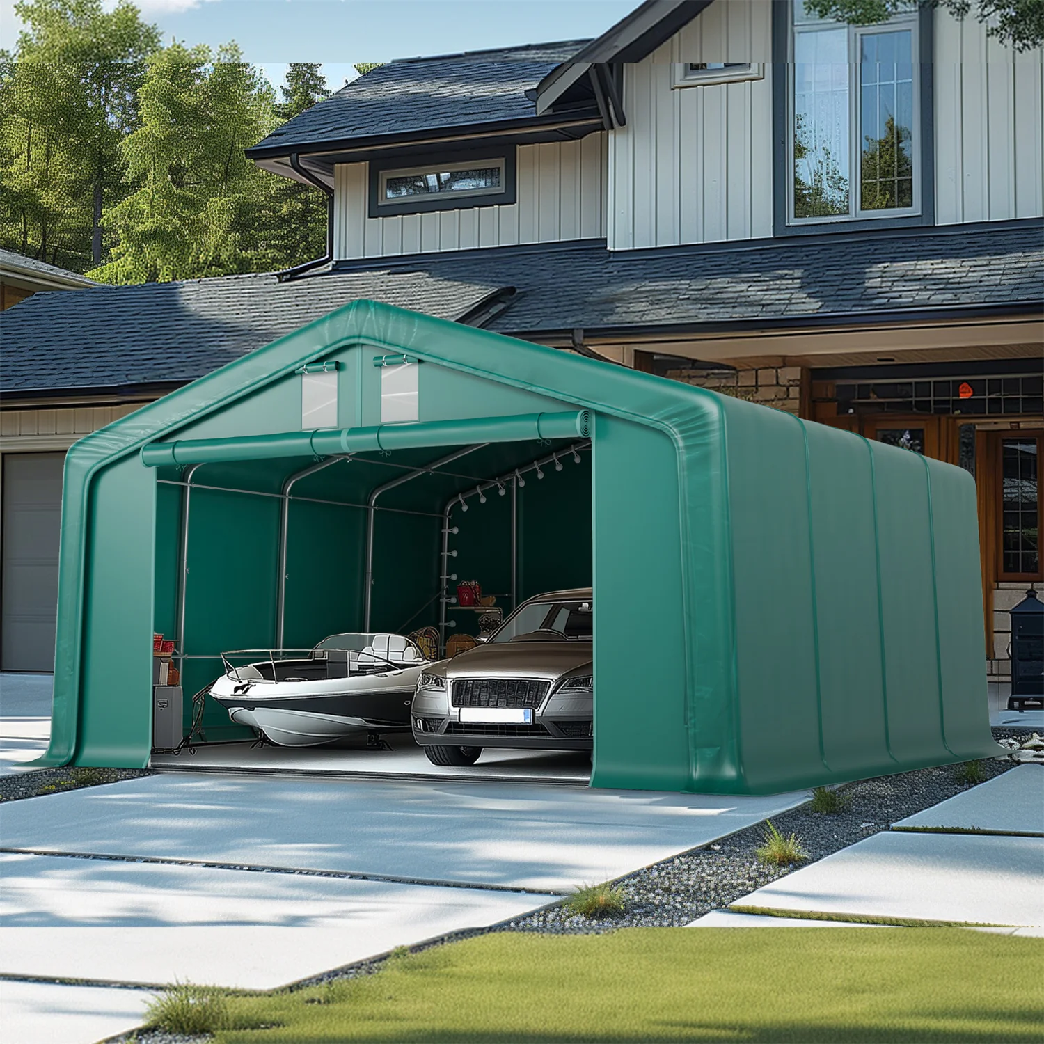 PHI VILLA 20x20ft Green Heavy Duty Storage Canopy Tent for Vehicles & Boats