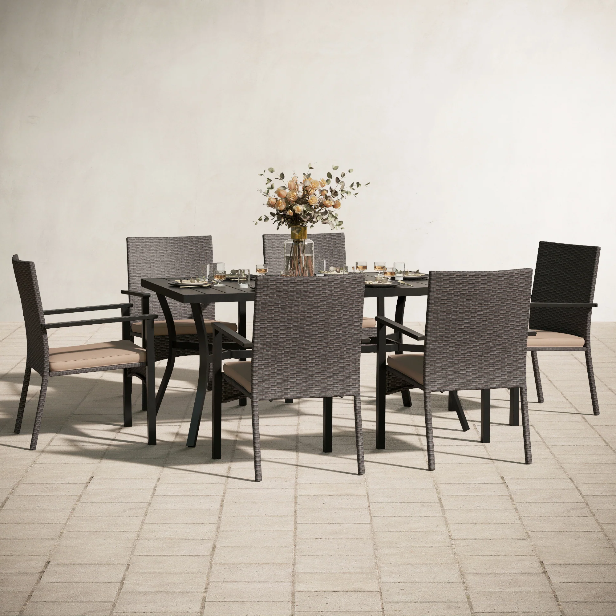 MFSTUDIO 7-Piece Steel Panel Table & Rattan Cushion Dining Chairs Outdoor Patio Dining Set