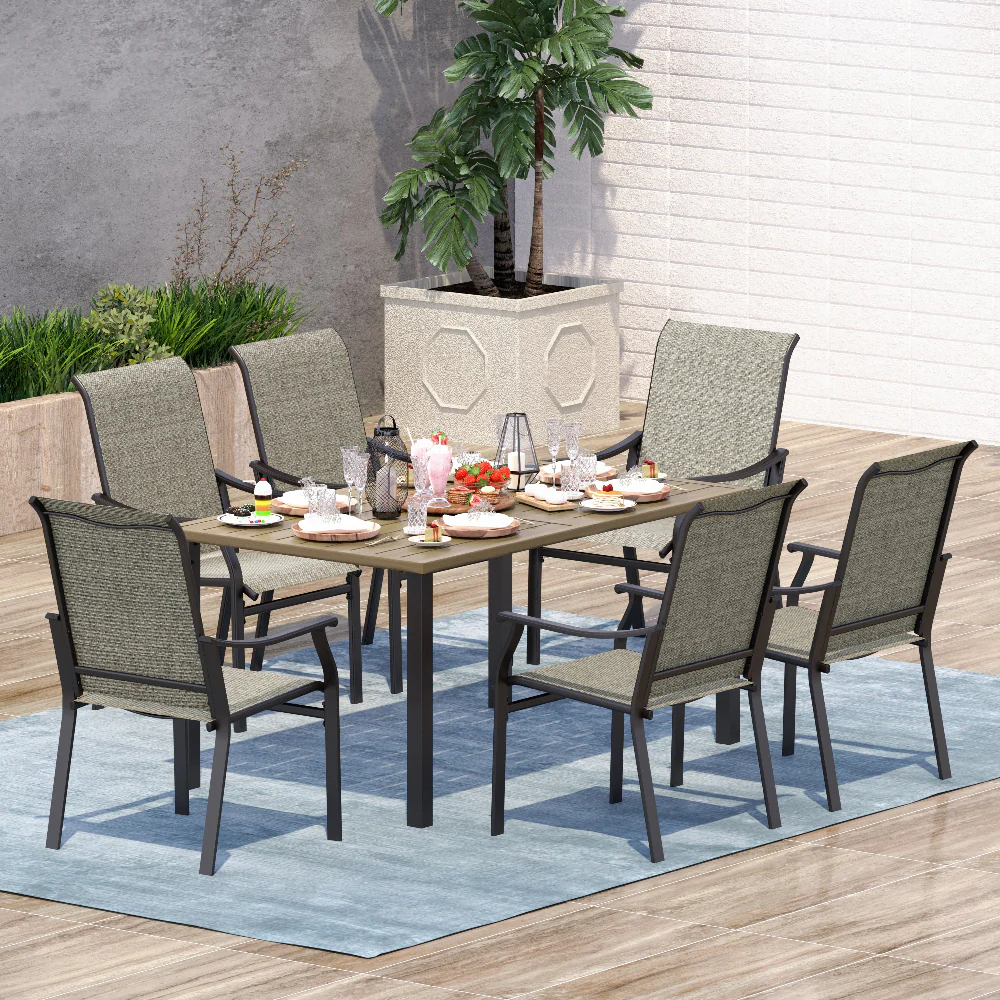 Sophia & William 7-Piece Ergo Sling Chairs Patio Dining Set with Teak-grain Table