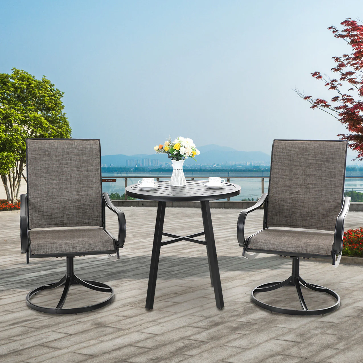 PHI VILLA 3-Piece Patio Bistro Set Small Round Tea Table & Textilene Swivel Chairs