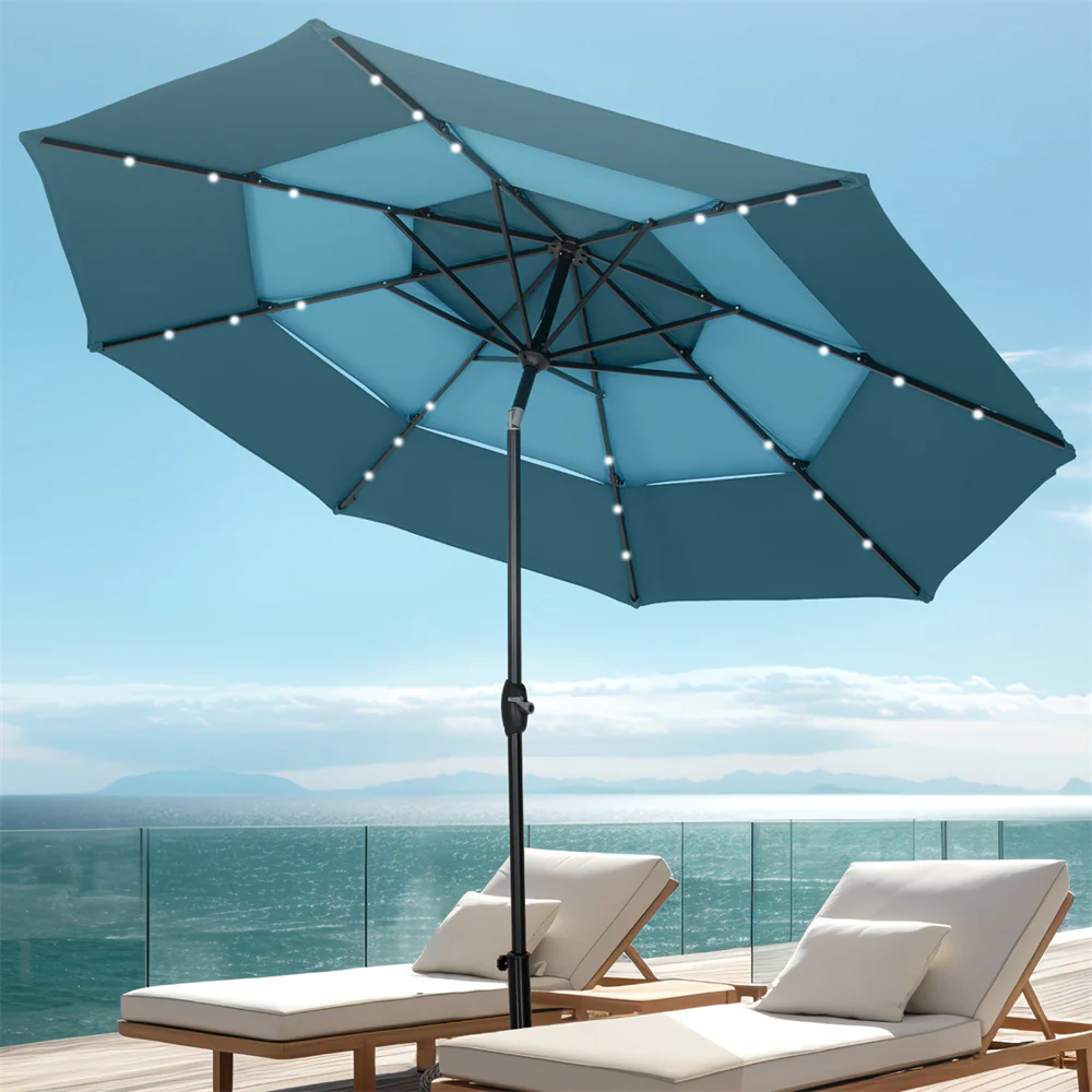 PHI VILLA 10ft 3 Tier Auto-tilt Patio Umbrella with Solar Powered LED Lights
