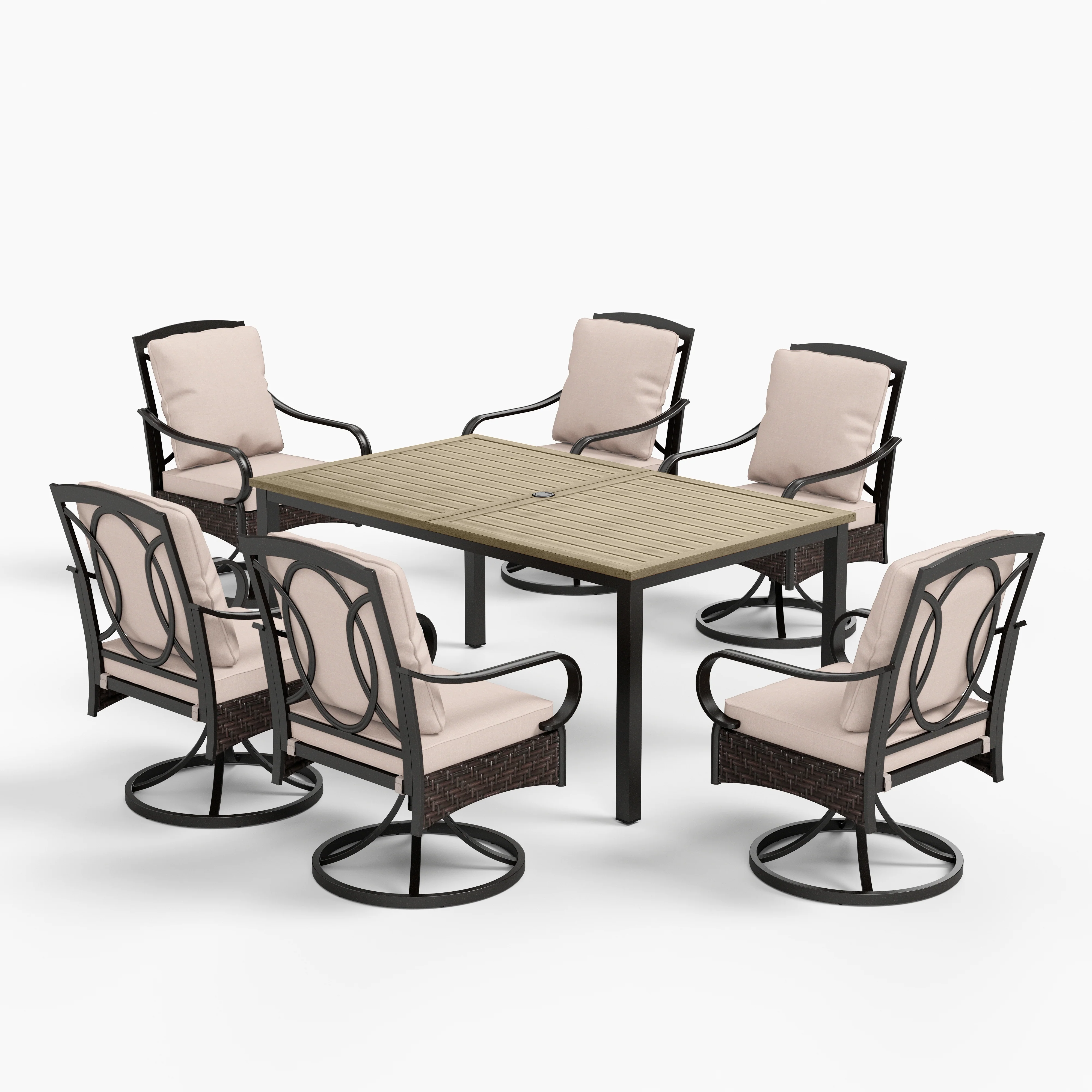 Sophia & William 7-Piece Farmhouse Style Wood Grain Table & Rattan-steel Cushion Swivel Chairs Patio Dining Set