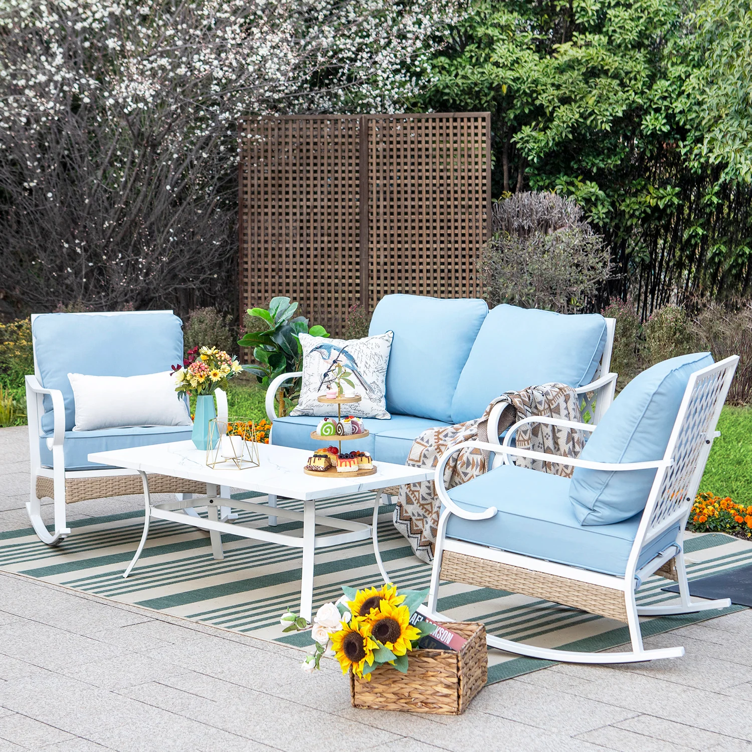 Sophia & William 4-Piece Patio Conversation Set Tealish Blue Rocking Chair Set