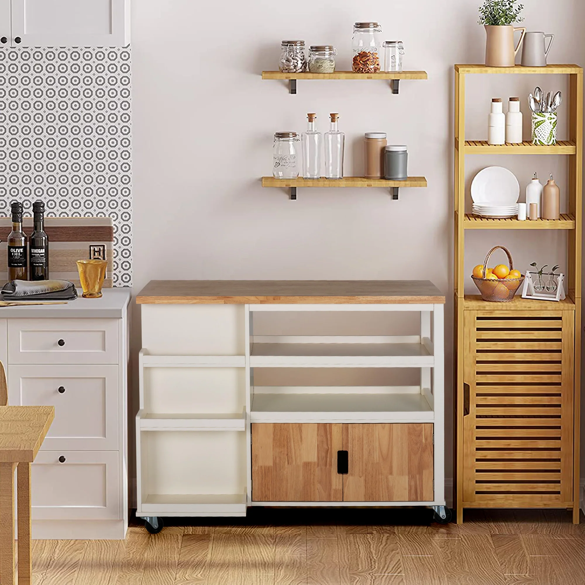PHI VILLA Rubber Wood Tabletop Kitchen Island Cart with Side Drawers and Shelves, Warm White