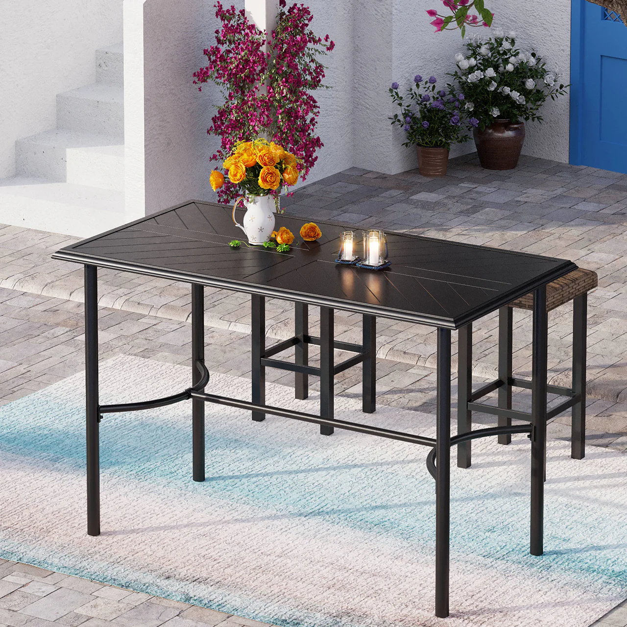 PHI VILLA Embossed Large Height Metal Patio Bar Table with bowed bar