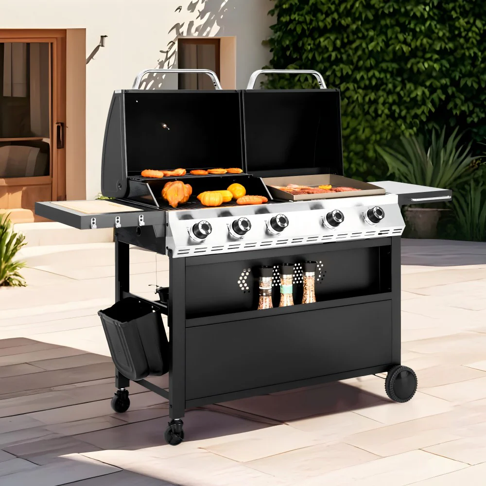 Captiva Designs 54,000 BTU Propane Gas Grill and Griddle Combo with Lids for Ultimate BBQs