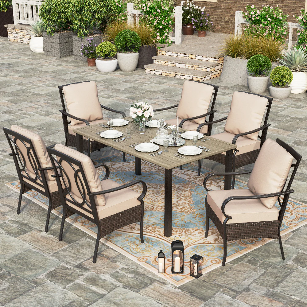 Sophia & William 7-Piece Teak-grain Table & Rattan-steel Cushion Fixed Chairs Patio Dining Sets