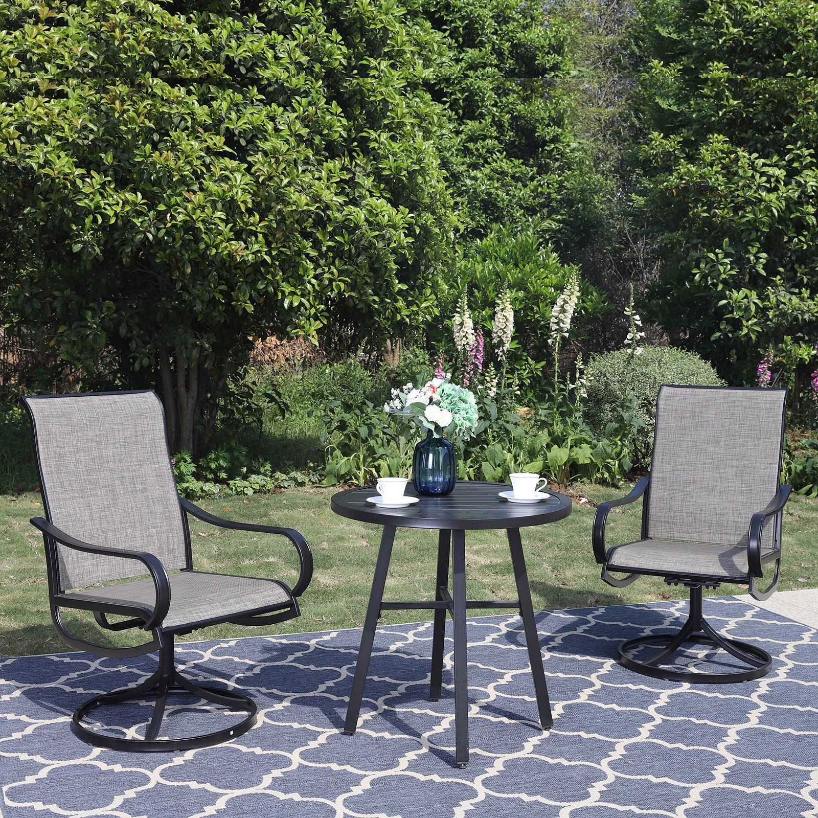 PHI VILLA 3-Piece Patio Bistro Set Small Round Tea Table & Textilene Swivel Chairs