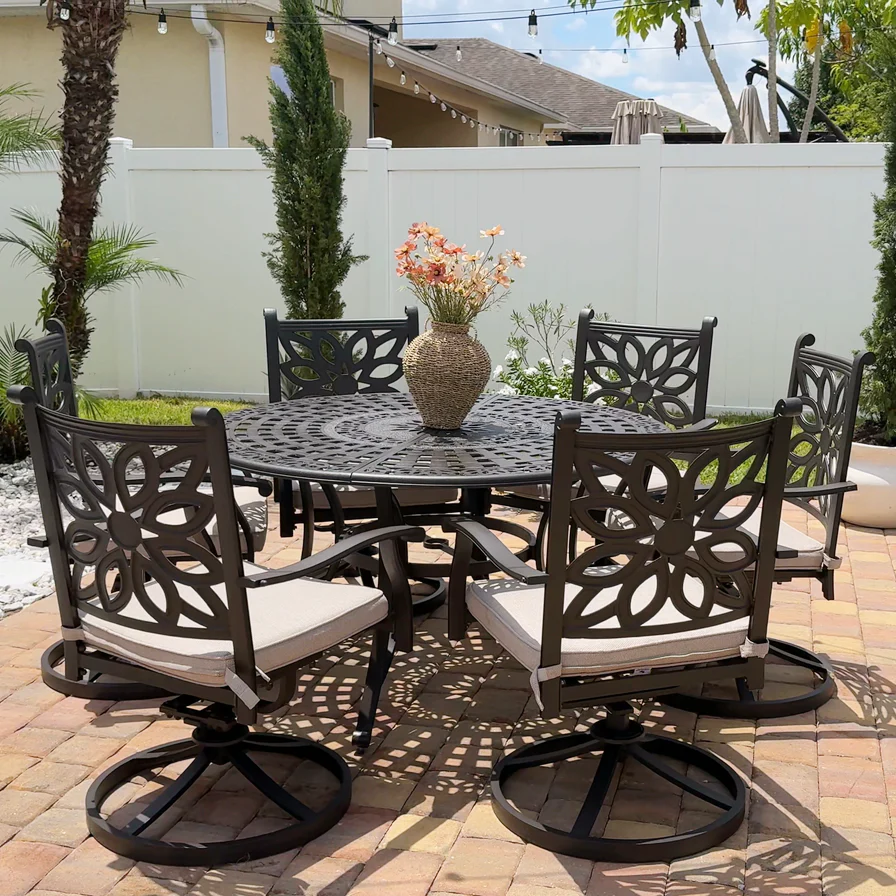 Sophia & William 7-Piece Cast Aluminum Patio Dining Set Round Table & Flower Back Chairs