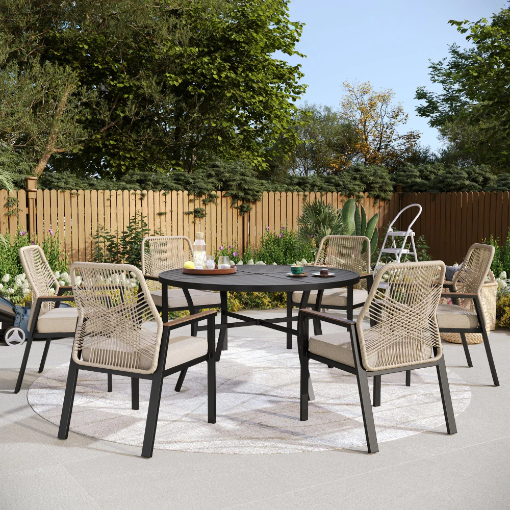 PHI VILLA 5/7-Piece Outdoor Patio Dining Set with Round Table and Woven Rope Rattan Chairs
