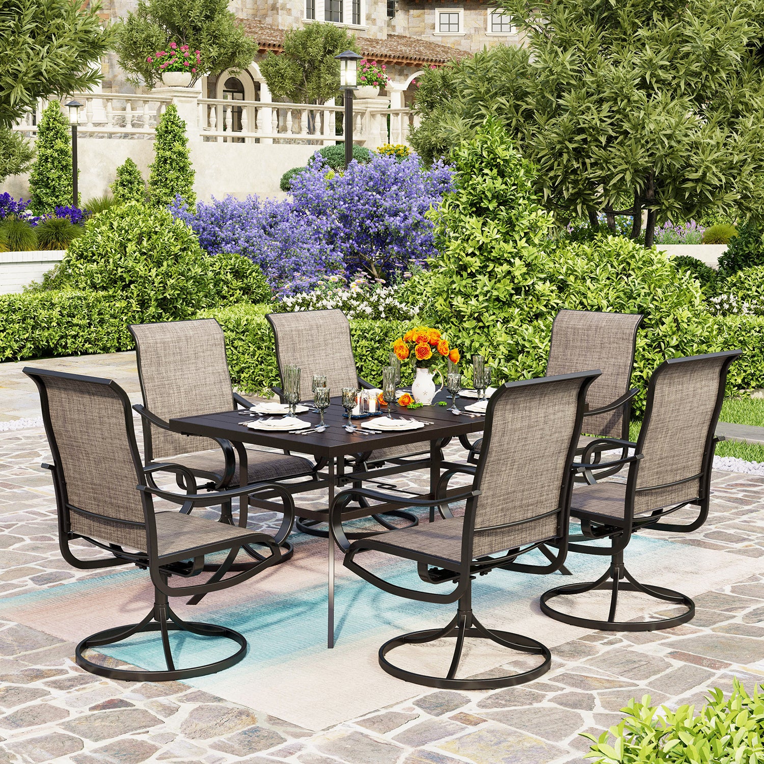 Phi Villa 7-Piece Patio Dining Set Textilene Swivel Chairs & Steel Panel Table