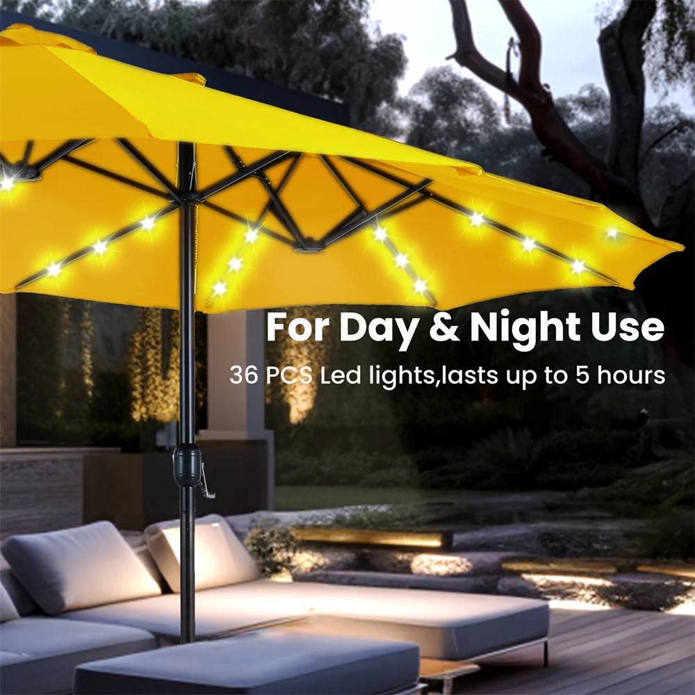 PHI VILLA 15ft Extra Large Double-Sided Patio Umbrella with Solar Powered LED Lights (Base Included)