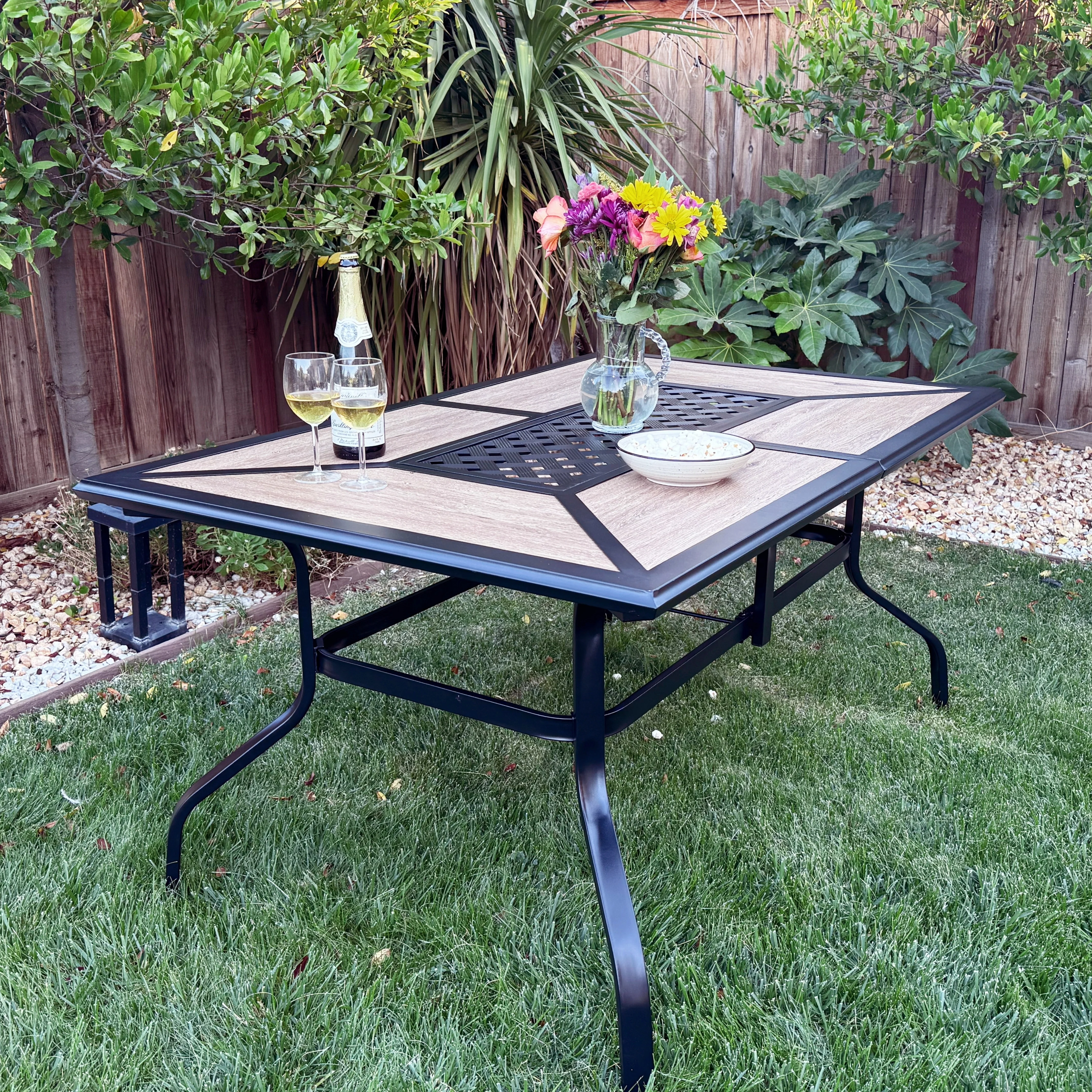 Phi Villa Geometric Wood-look Patio Dining Table with Umbrella Hole