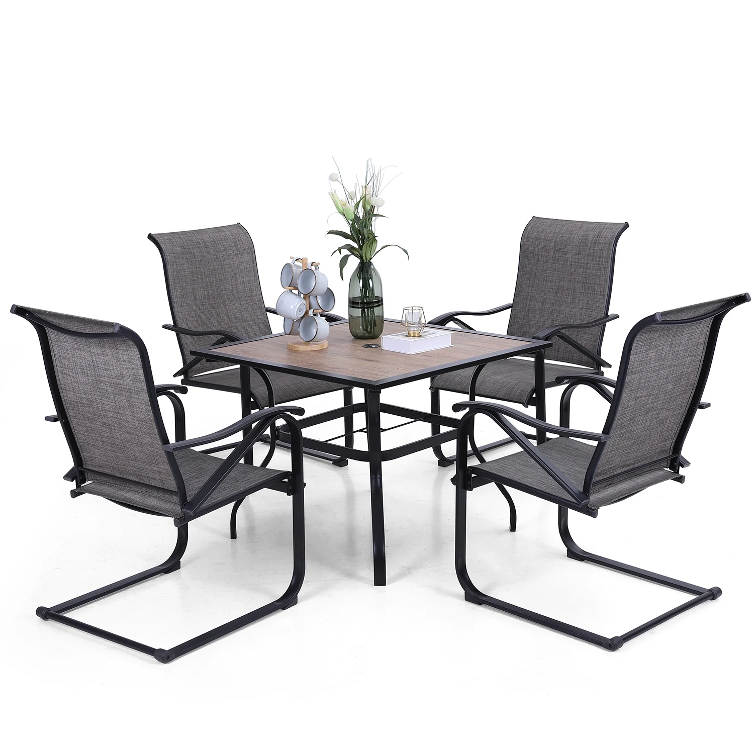 MFSTUDIO Wood-look Square Table & 4 Textilene C-spring Chairs 5-Piece Outdoor Dining Set