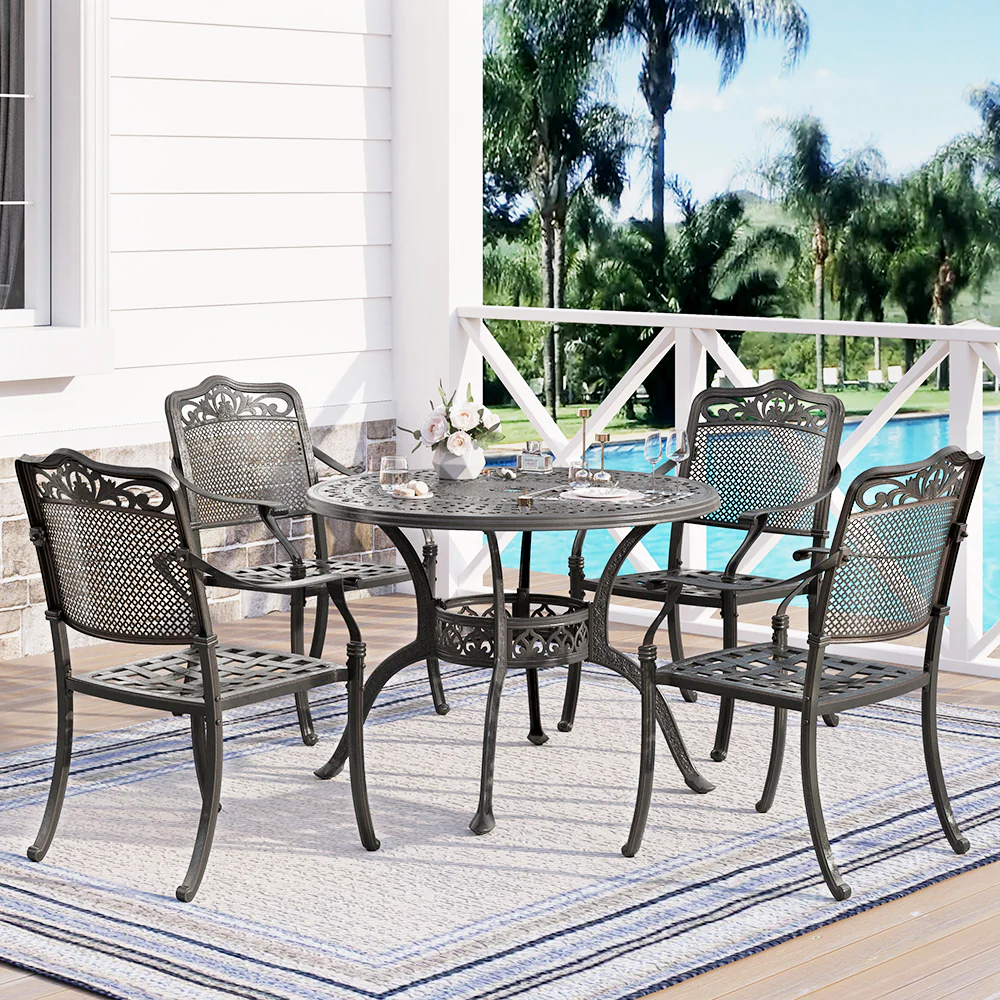 PHI VILLA 5-Piece Cast Aluminum Pattern Patio Dining Set with Bronze Coating