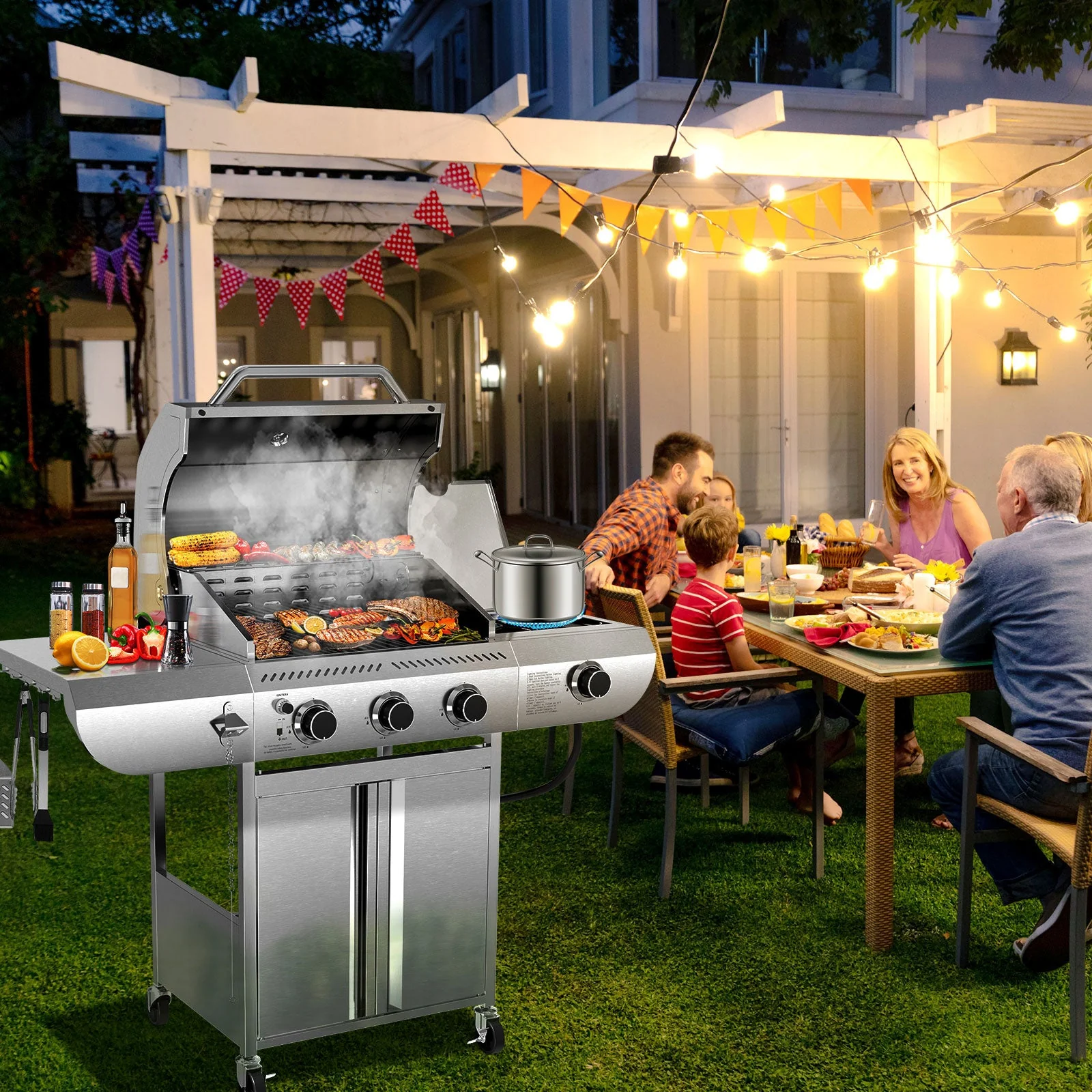 R.W.FLAME 3-Burner 34,000 BTU Stainless Steel Propane Gas Grill with Side Burner and Wheels