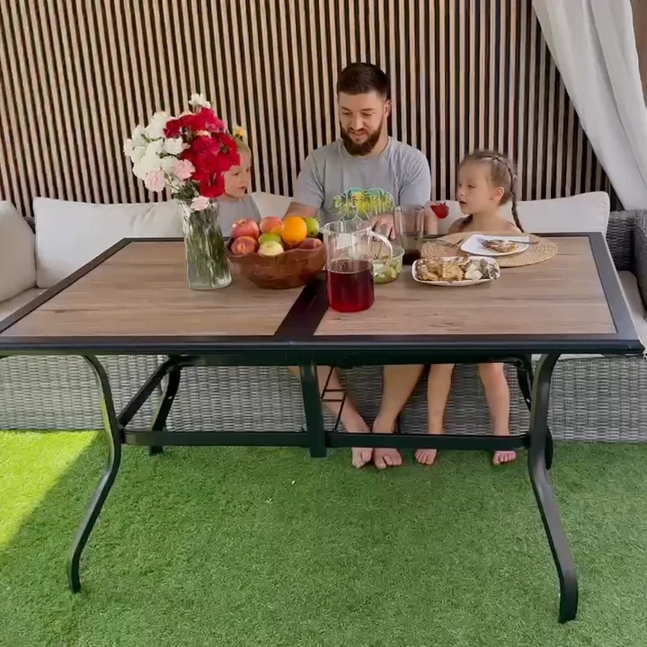 PHI VILLA Wood-look PVC Rectangle Steel Patio Dining Table