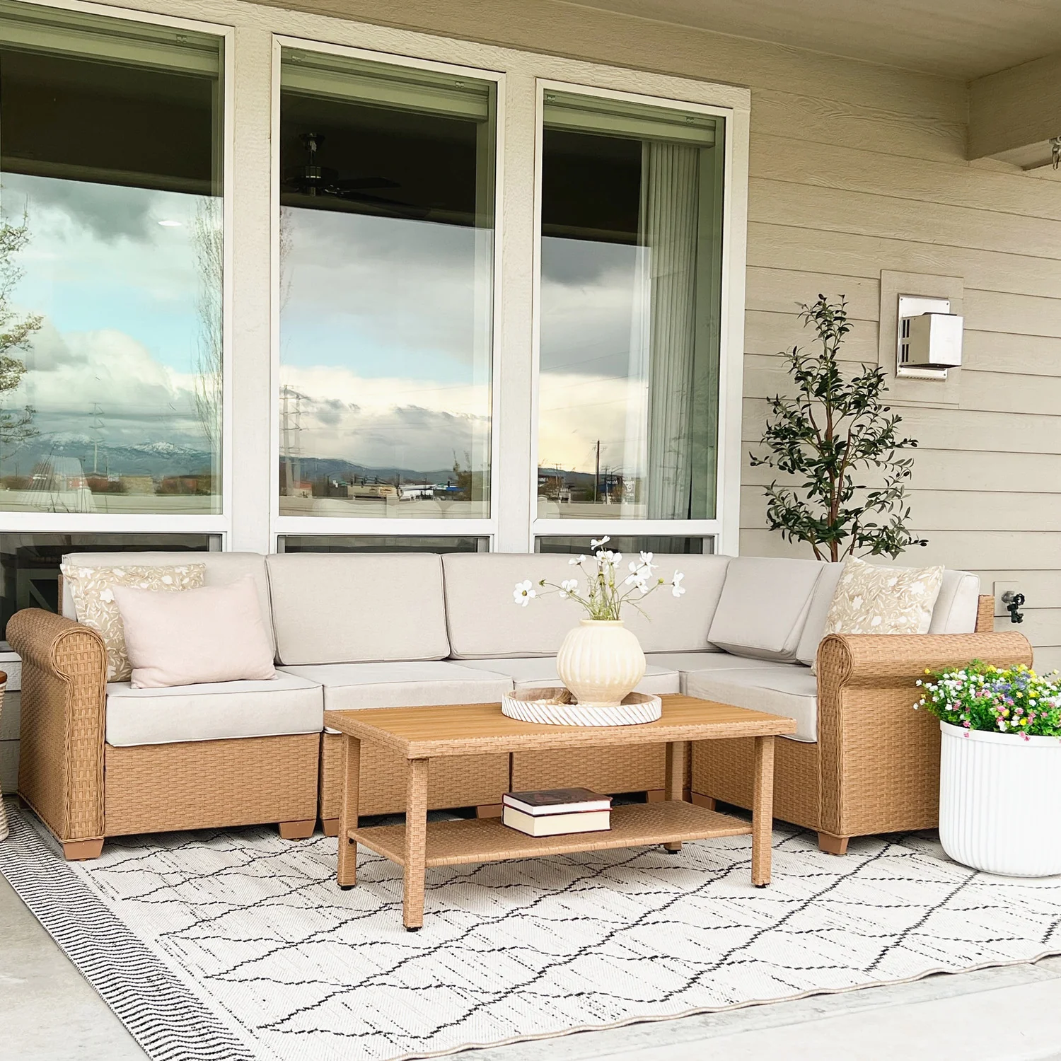 Phi Villa Outdoor Rattan Sofa Set with T-Shaped Sponge Cushion and Coffee Table