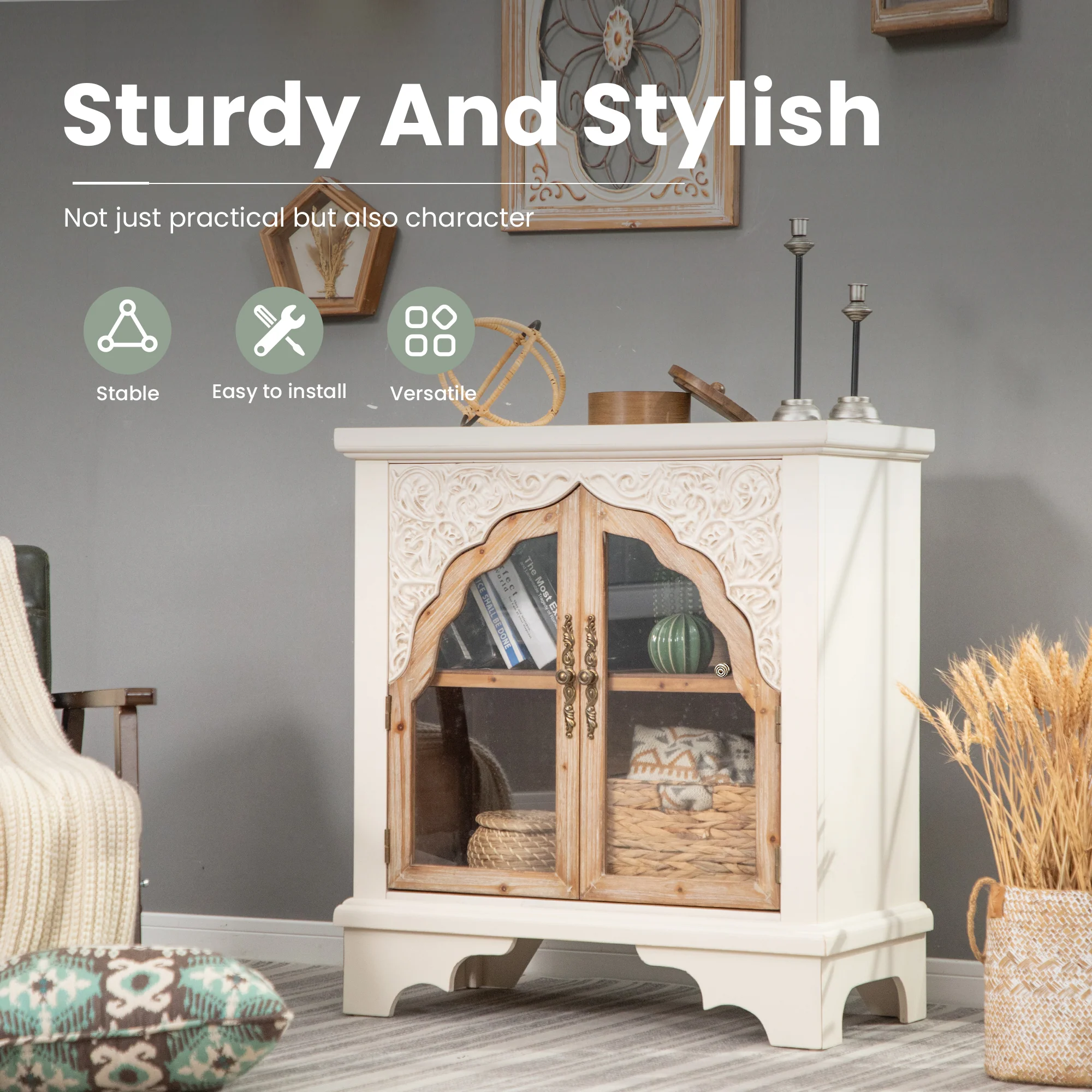 Vintage Hollow Carved 2 Door Wood Storage Cabinet -MFSTUDIO