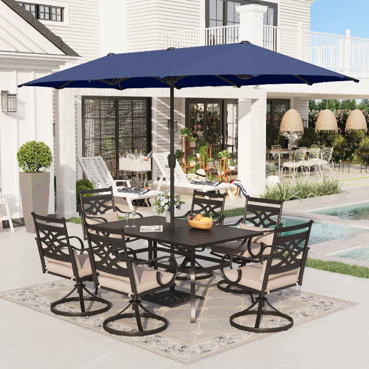 8-Piece 13ft Umbrella Patio Dining Set with Elegant Cast Iron Pattern Swivel Chairs- Sophia & William