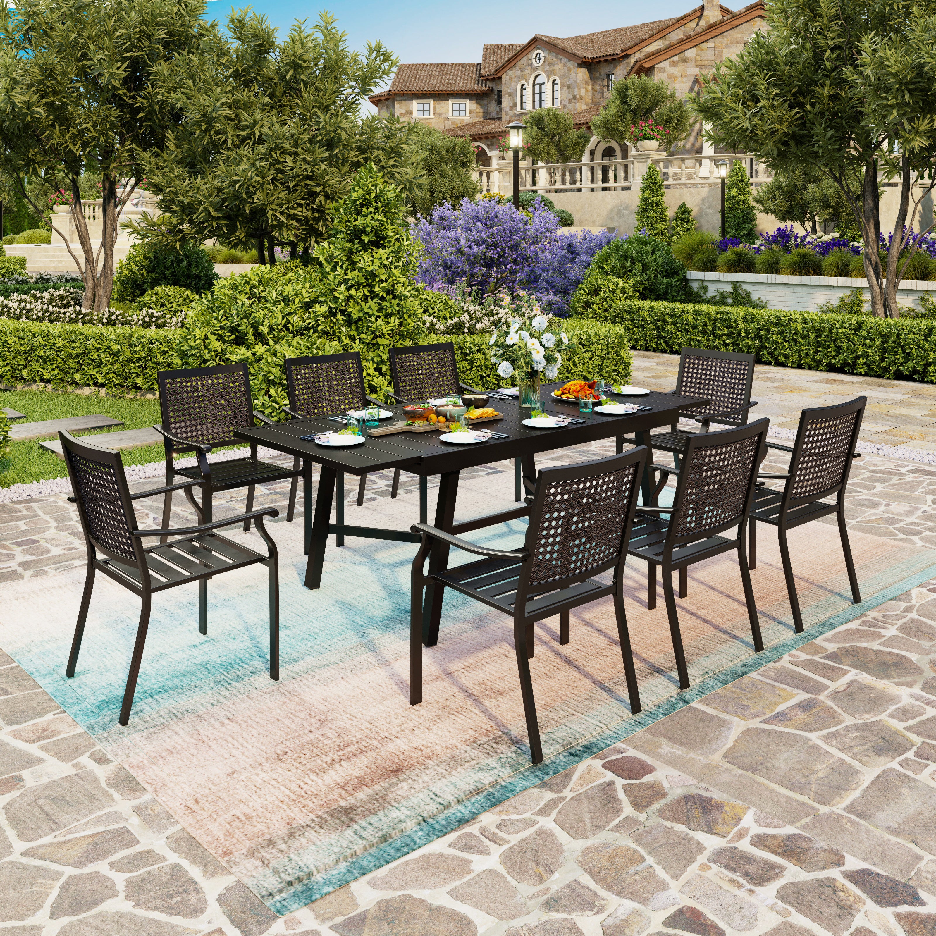 MFSTUDIO 9/7-Piece Patio Dining Set Reinforced Expandable Table & Stackable Chairs