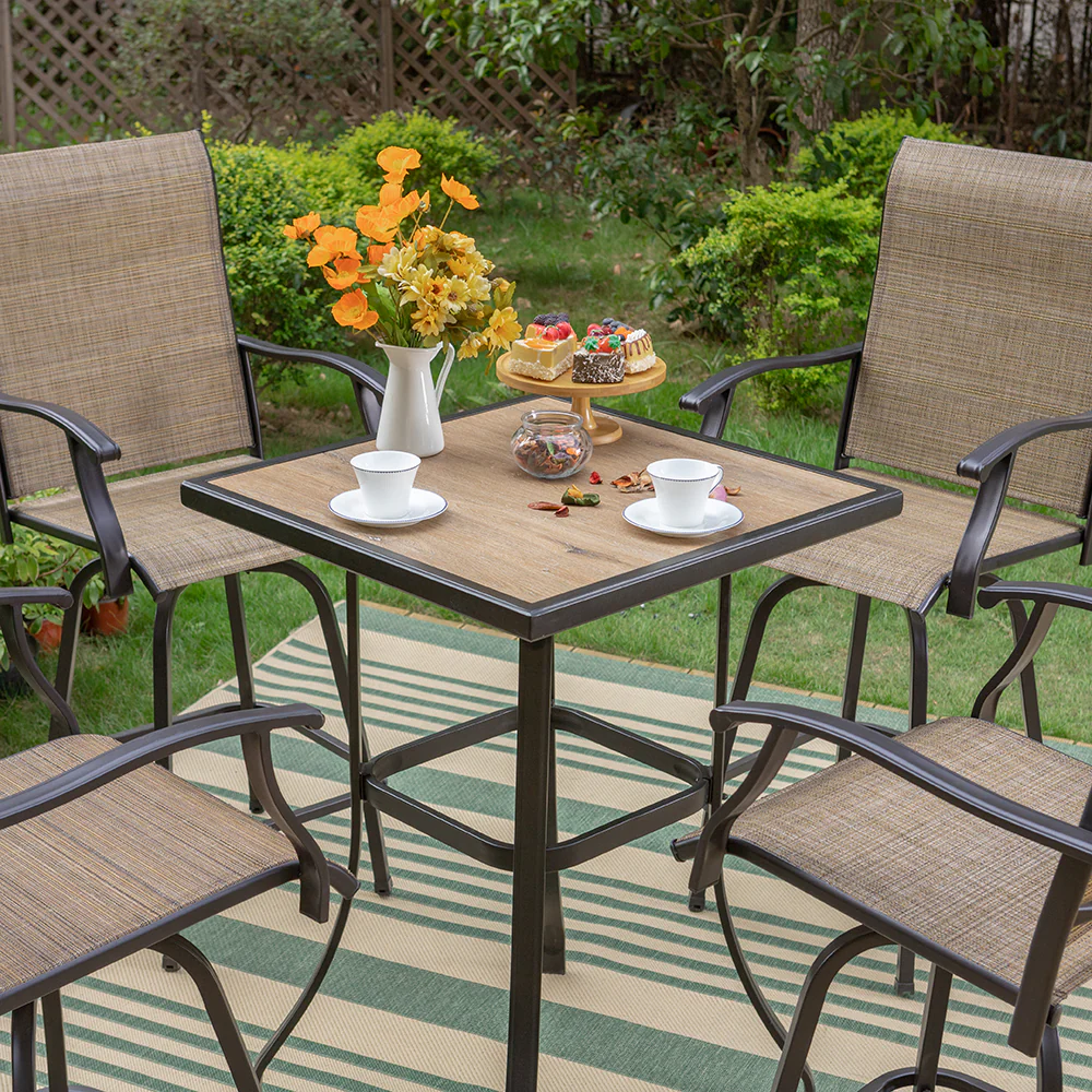 PHI VILLA 5-Piece Patio Bar Stool Set of 1 Coffee Table & 4 Textilene Swivel High Bar Stools