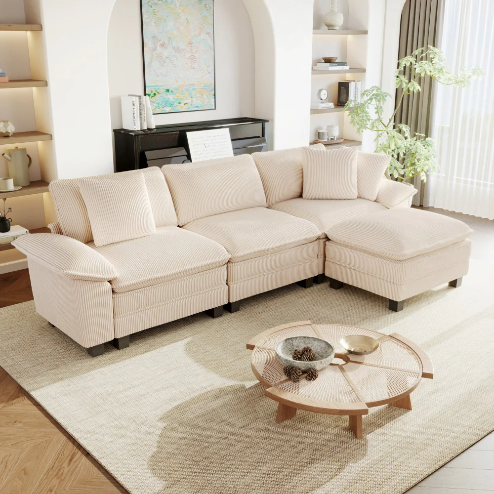 Corduroy Sectional Cloud Sofa with Removable Arms and Ottomans for Living Room