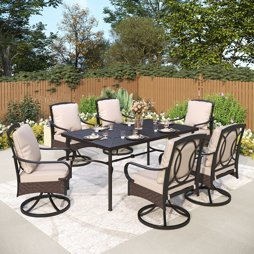 Sophia & William Luxurious Thick-Cushion Rattan-steel Swivel Chairs 7-Pcs Patio Dining Set