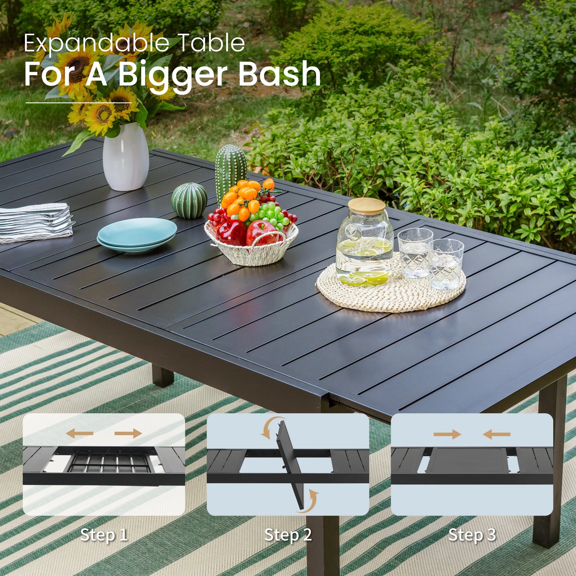 PHI VILLA 9/7-Piece Adjustable Table + Textilene Swivel Chairs Patio Dining Set