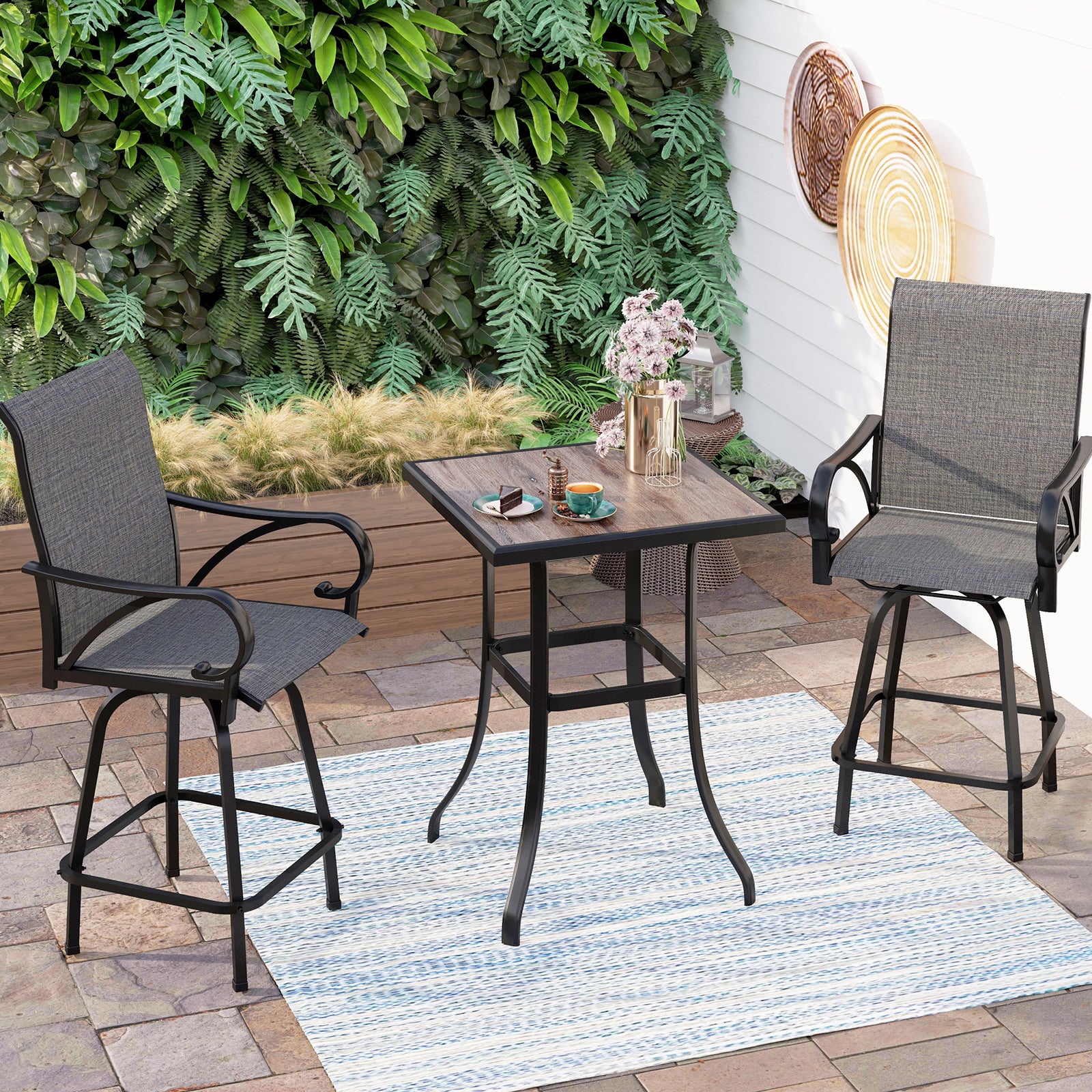 Sophia & William Patio High Bar Stool Set Wood-look Table & Grey Textilene Sling Fabric Swivel Bar Stools