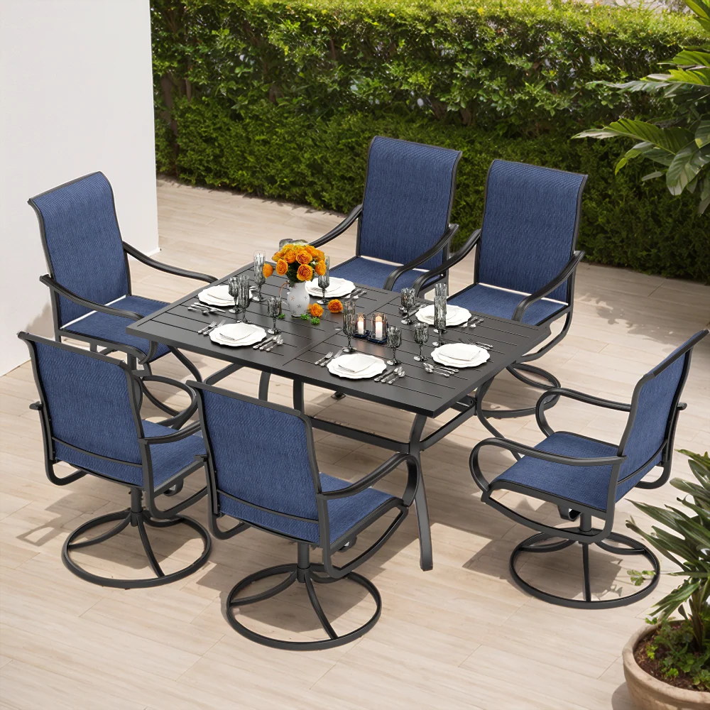 Sophia & William 7-Piece Patio Dining Set with Denim Blue Textilene Swivel Chair
