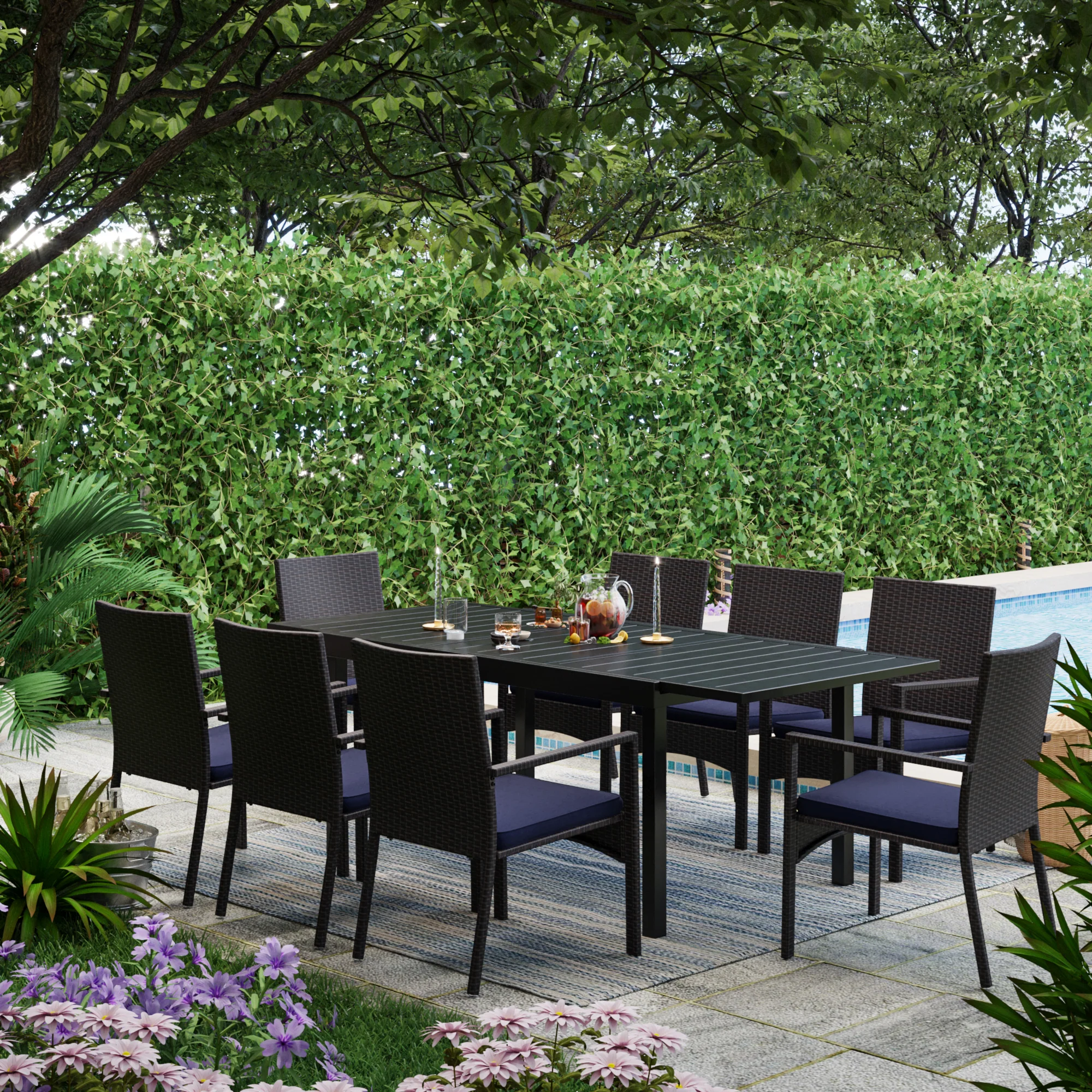 PHI VILLA Rattan Wicker Cushioned Dining Chairs Set with Extendable Table