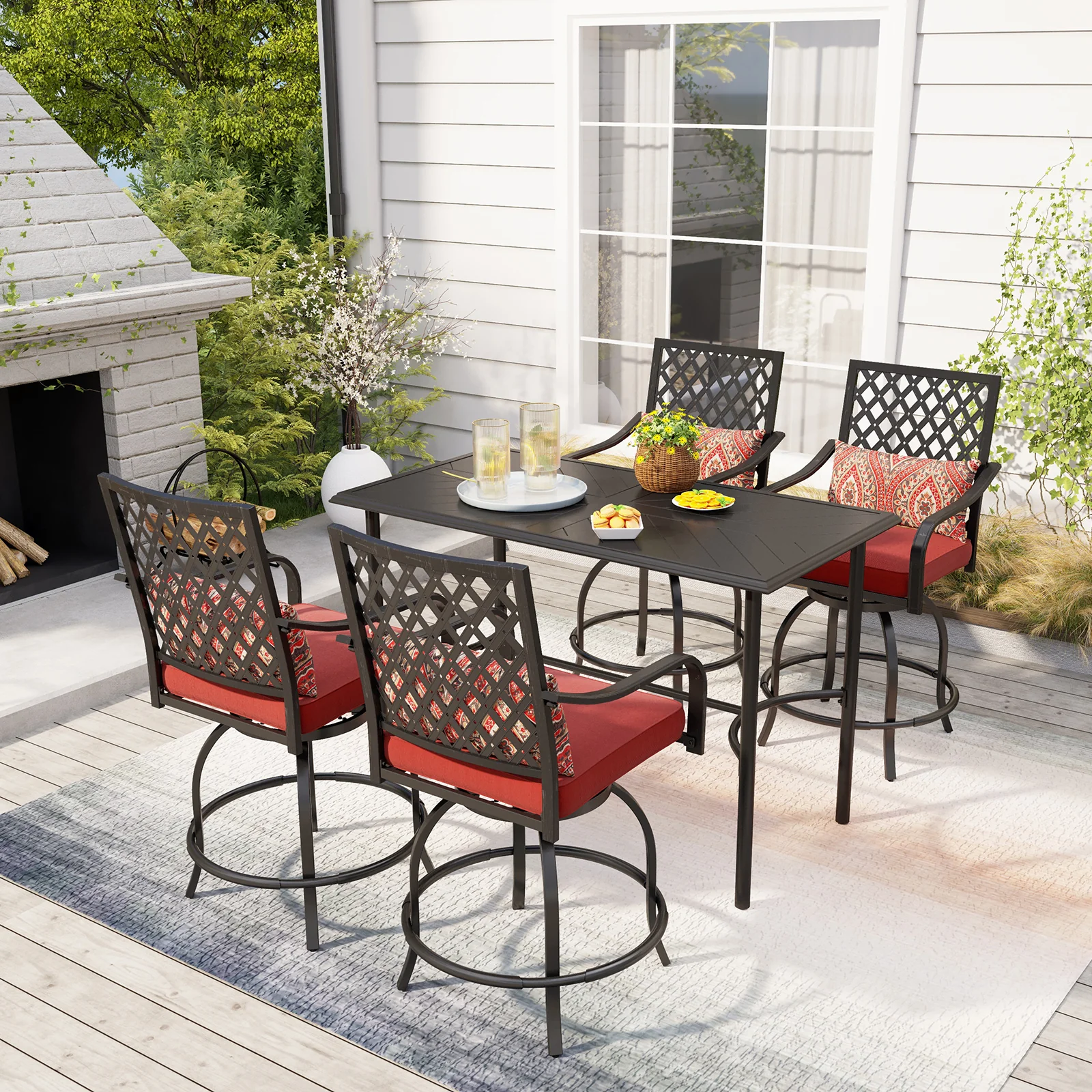 PHI VILLA 5-Piece Patio Bar Stool Set Embossed High Bar Table & Cushioned Swivel Bar Stools