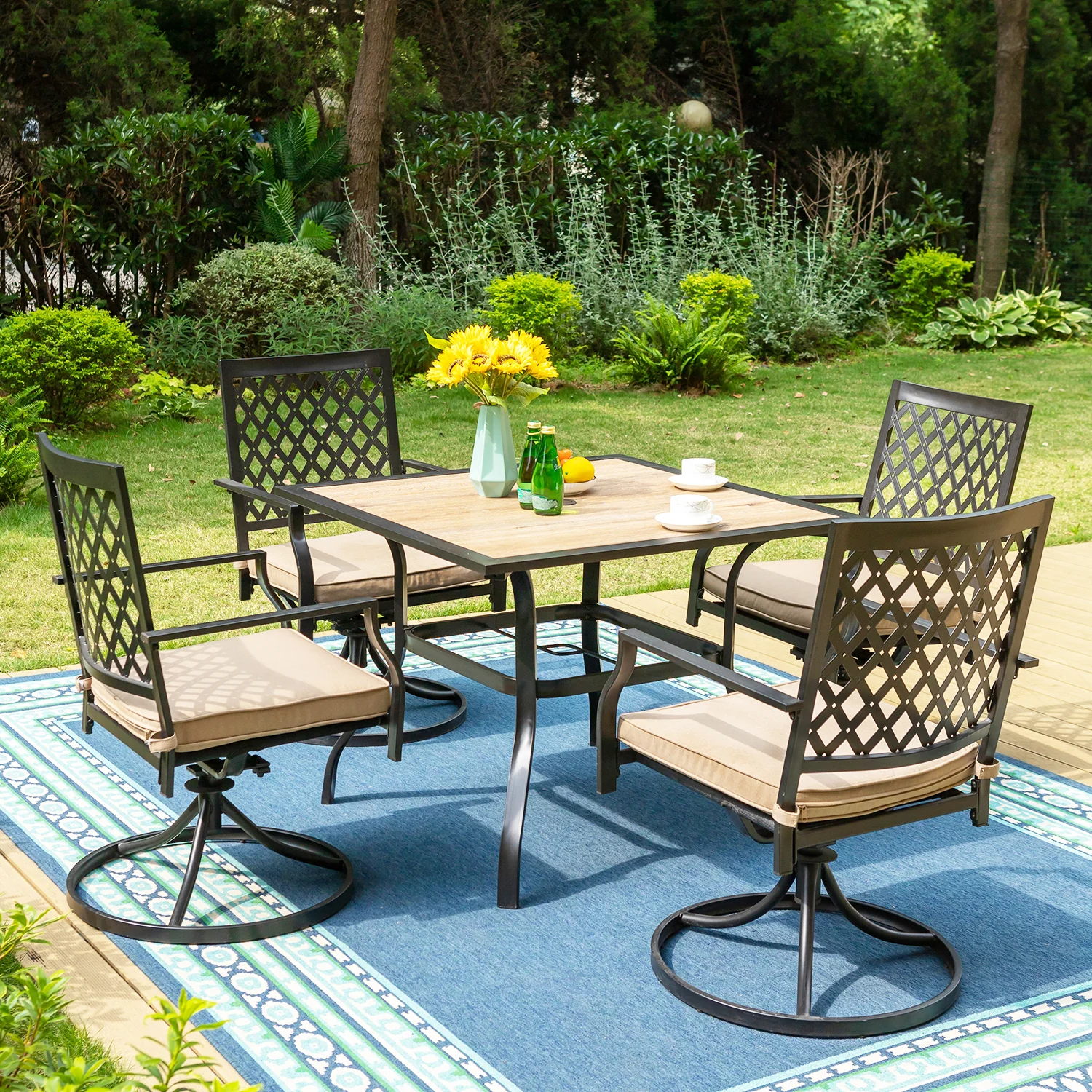 PHI VILLA Wood-look Table and 4 Pattern Swivel Chairs with Cushion 5-Piece Metal Outdoor Patio Dining Set