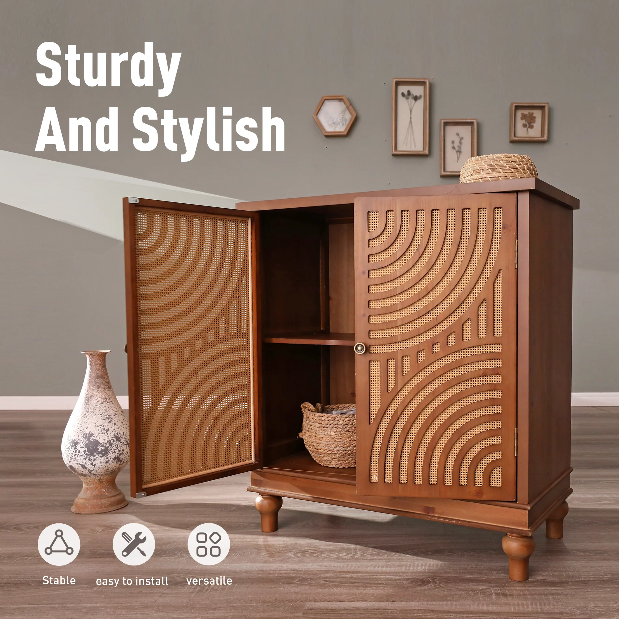 Stylish Rattan 2 Door Storage Cabinet- MFSTUDIO