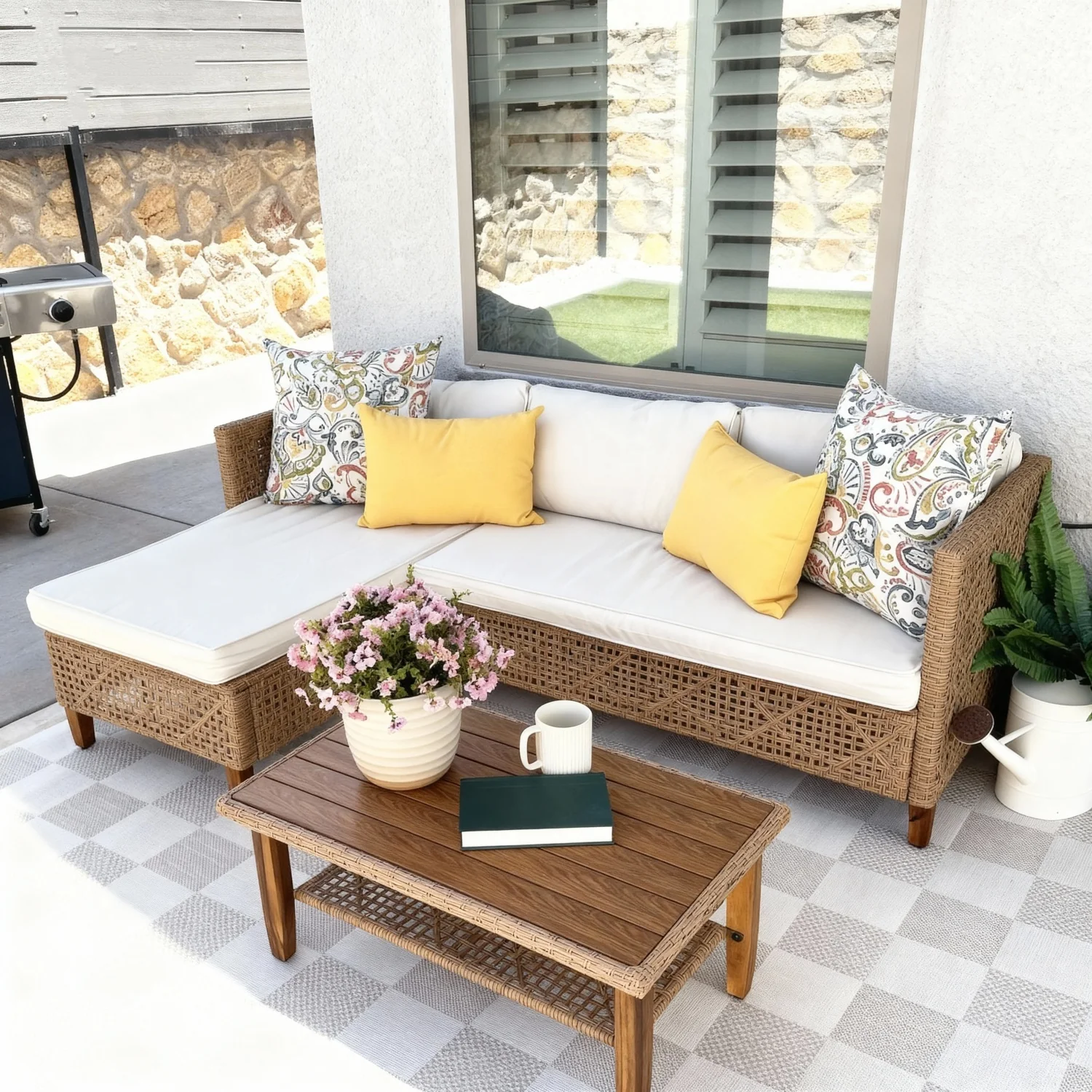 Boho Style Outdoor Wicker Conversation Sofa set with Acacia Wood Coffee Table - Sophia & William