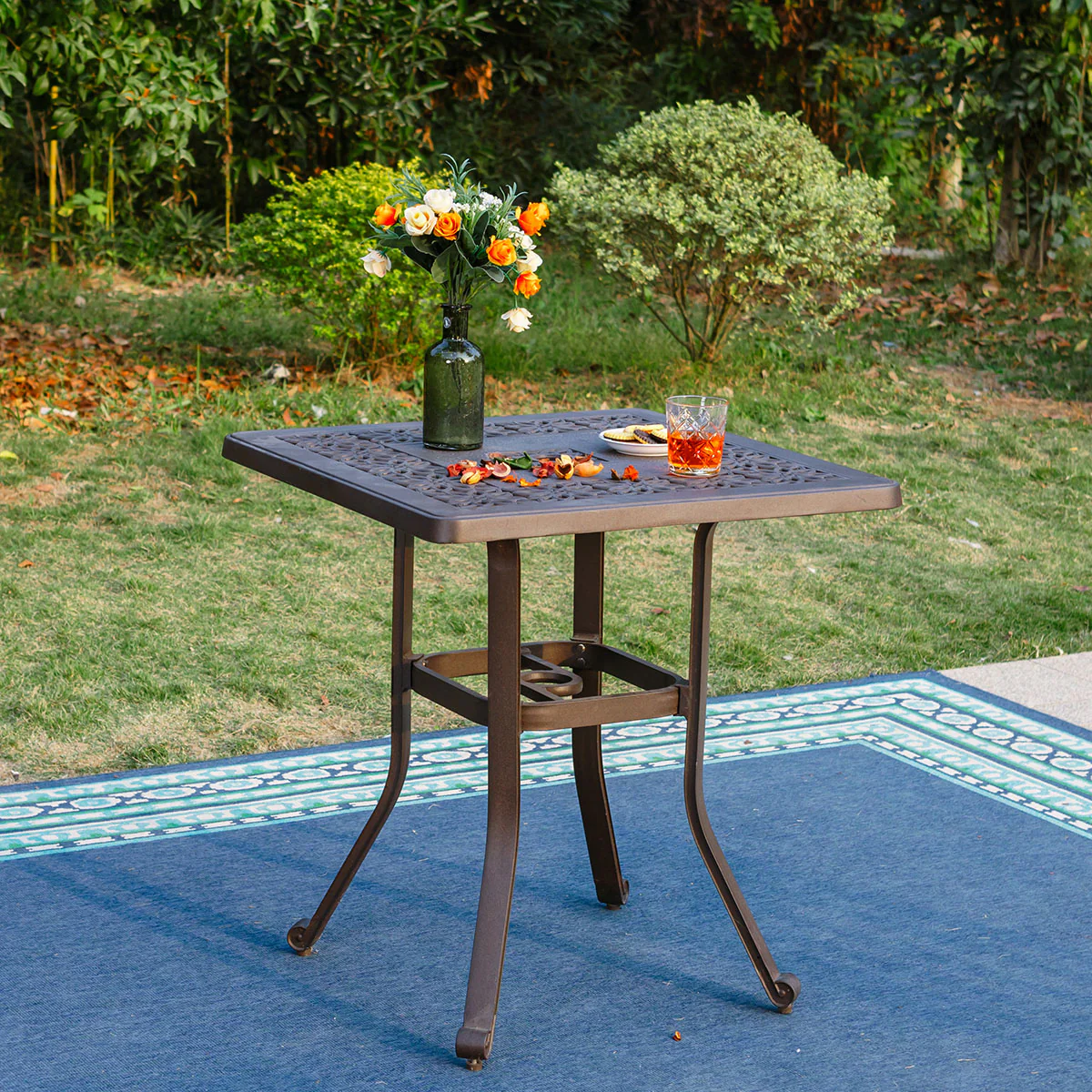 MFSTUDIO Patio Cast Aluminum Bistro Square Dining Table with Umbrella Hole