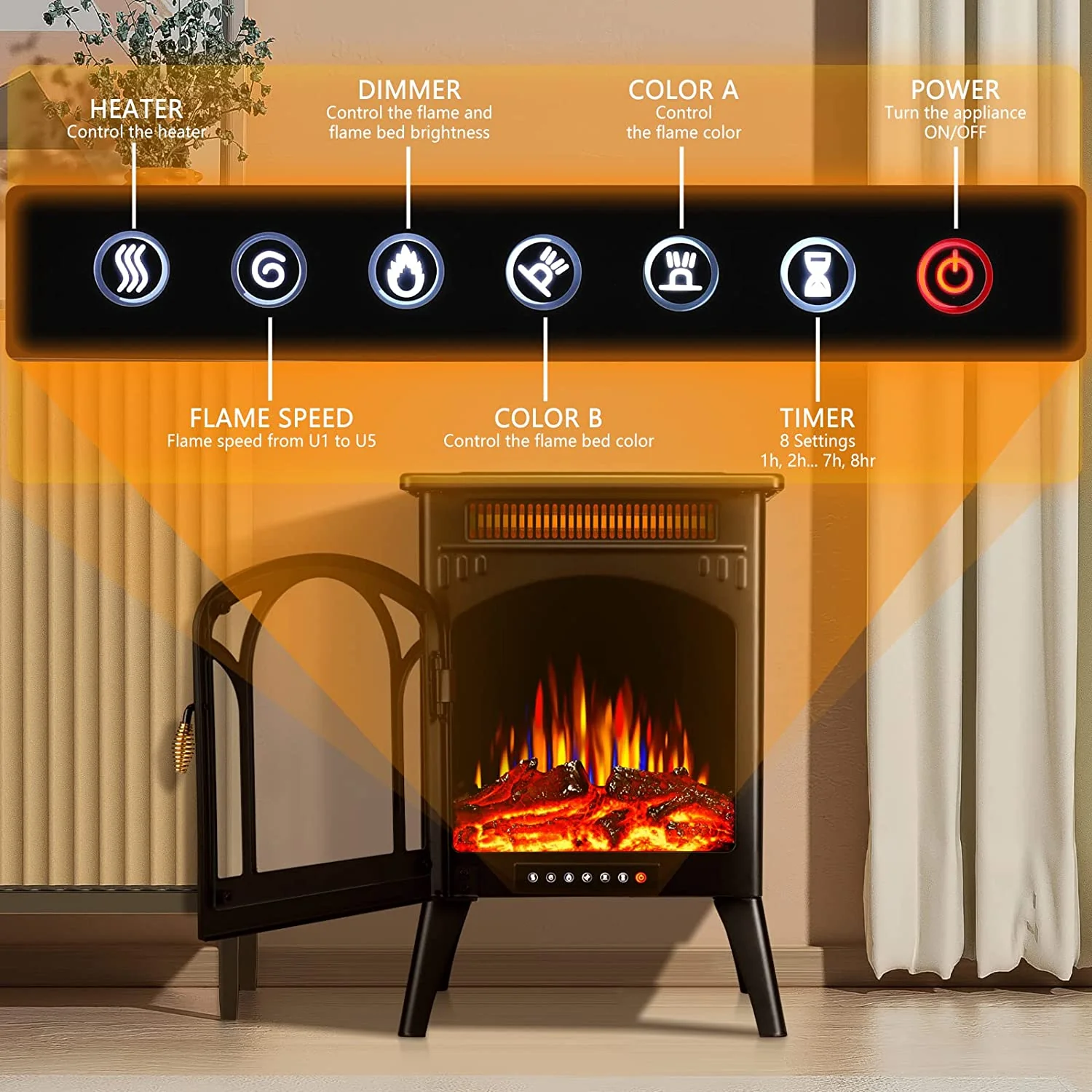 R.W.FLAME 16 Inch Electric Fireplace, Freestanding Fireplace Stove with 3D Flame Effect with Remote