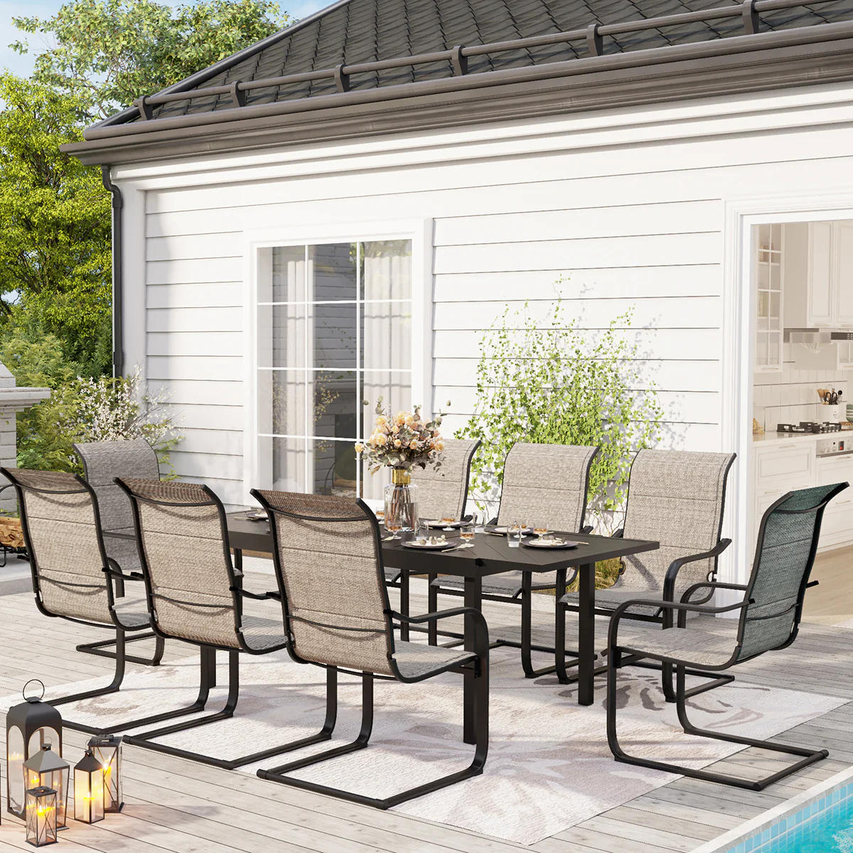 PHI VILLA 9/7-Piece Patio Dining Set Line-engraved Expandable Table & Padded High-back Textilene C-spring Chairs