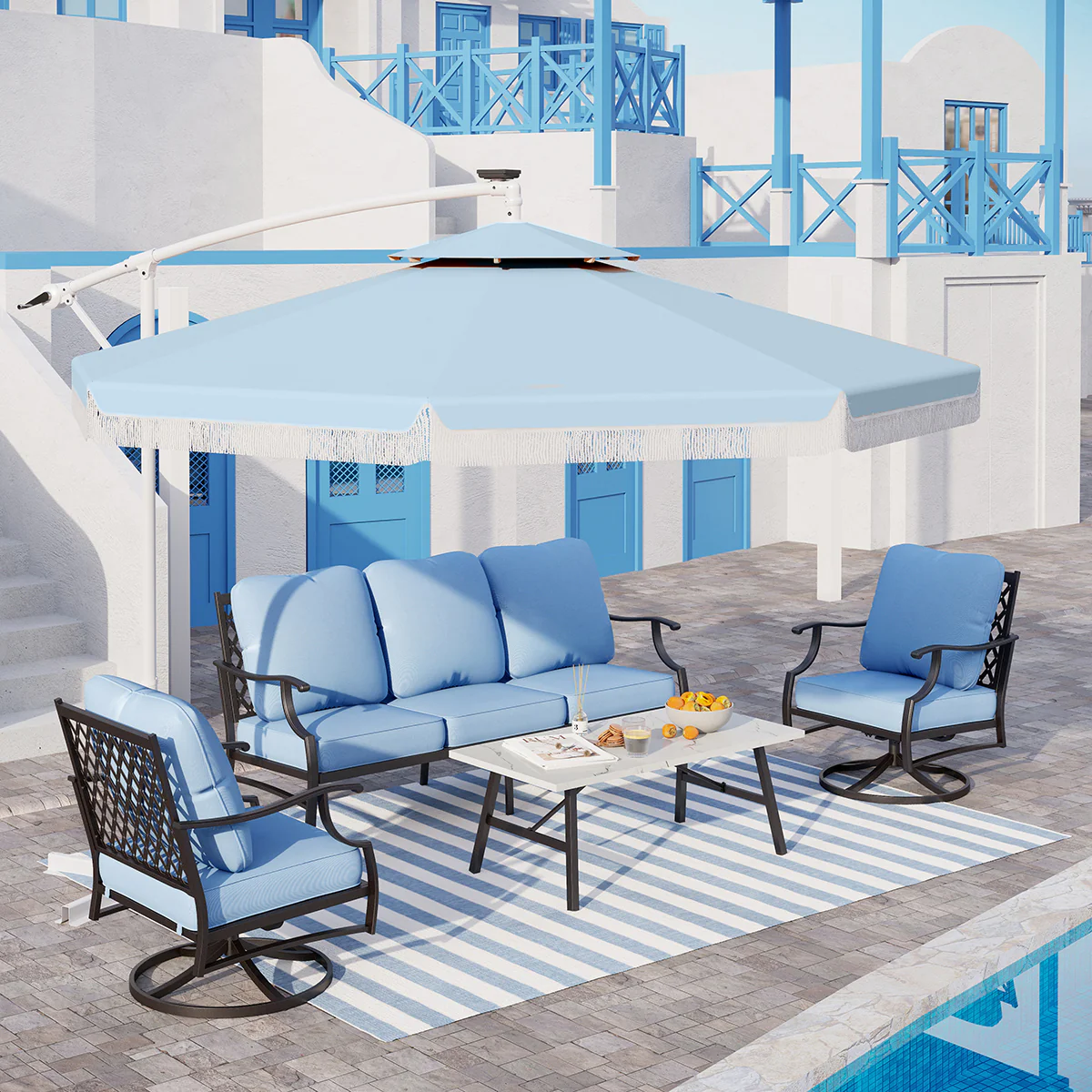 PHI VILLA 5-Seat Thick Cushion Conversation Sets with Swivel Chairs & Ottoman