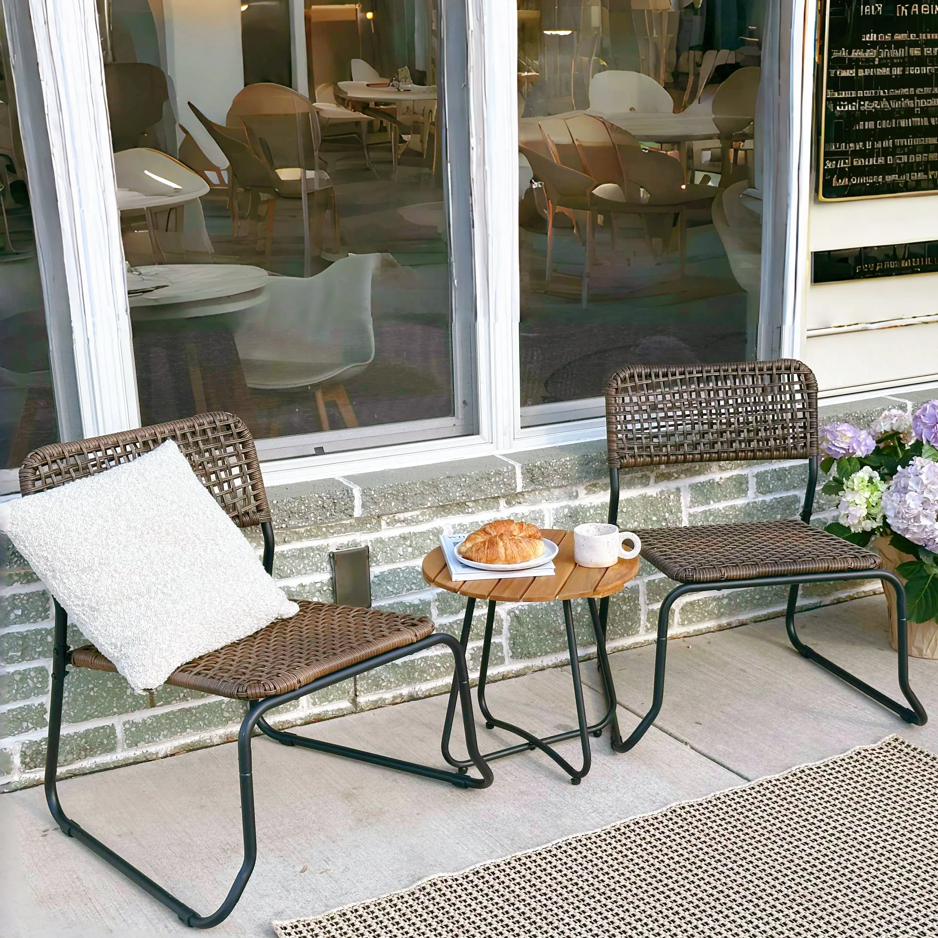 MFSTUDIO 3-Piece Stackable Outdoor Rattan Patio Bistro Set with Solid Acacia Table