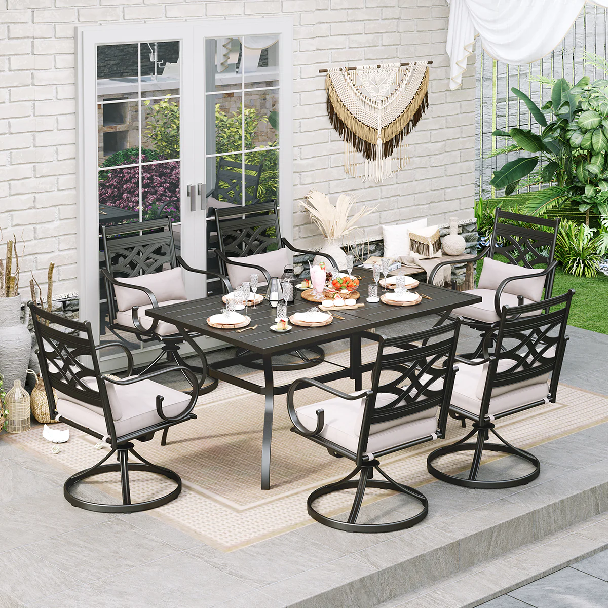 8-Piece 13ft Umbrella Patio Dining Set with Elegant Cast Iron Pattern Swivel Chairs- Sophia & William