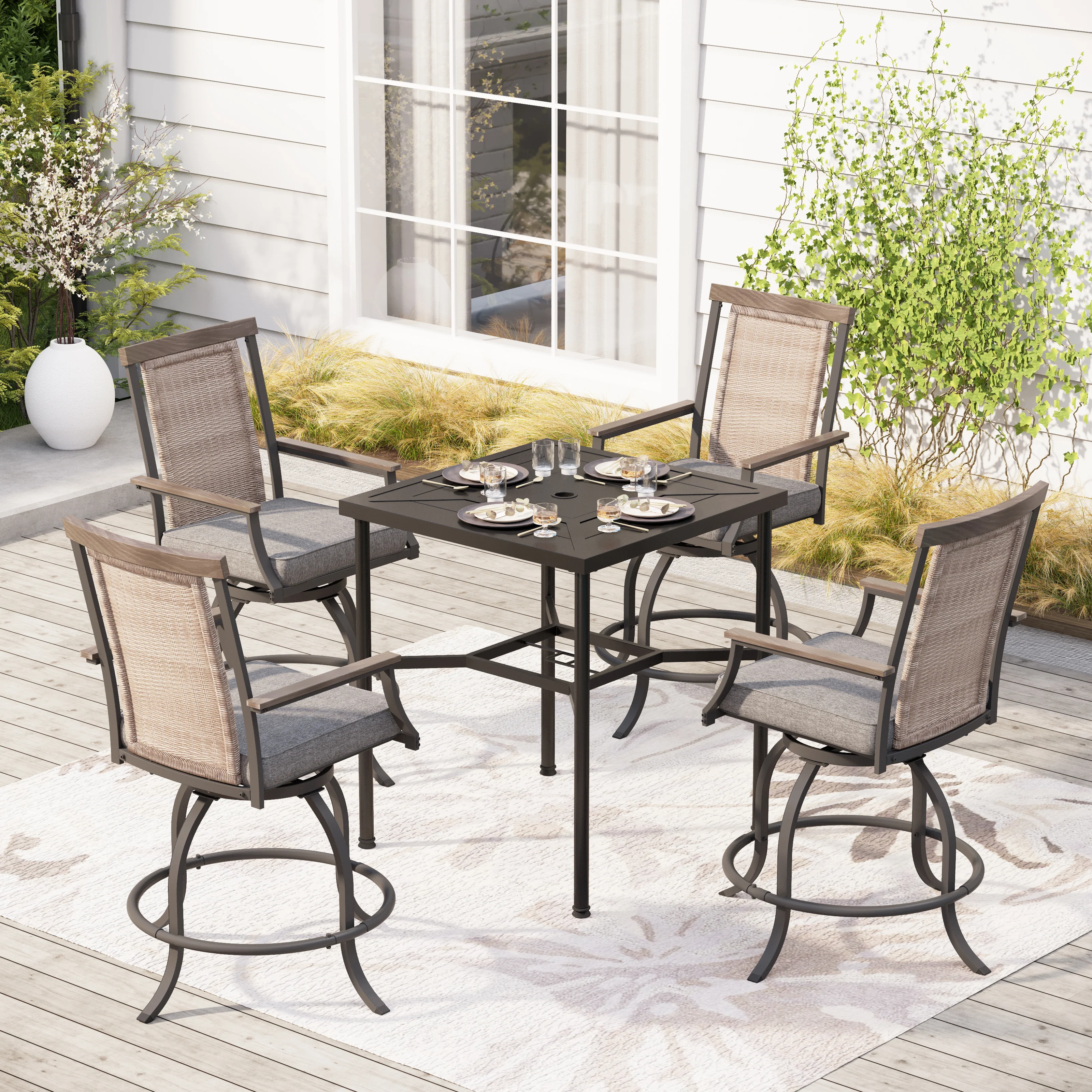 PHI VILLA Swivel Bar Stool Set Rattan Backrest & Padded Grey Cushion Stools and Geometrically-stamped High Table