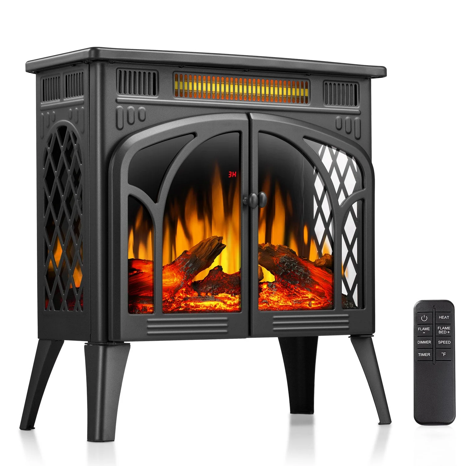 R.W.FLAME 24 Inch Freestanding Electric Fireplace Stove with Controllable 3D Flame, 4 Variable Flame and Log Colors